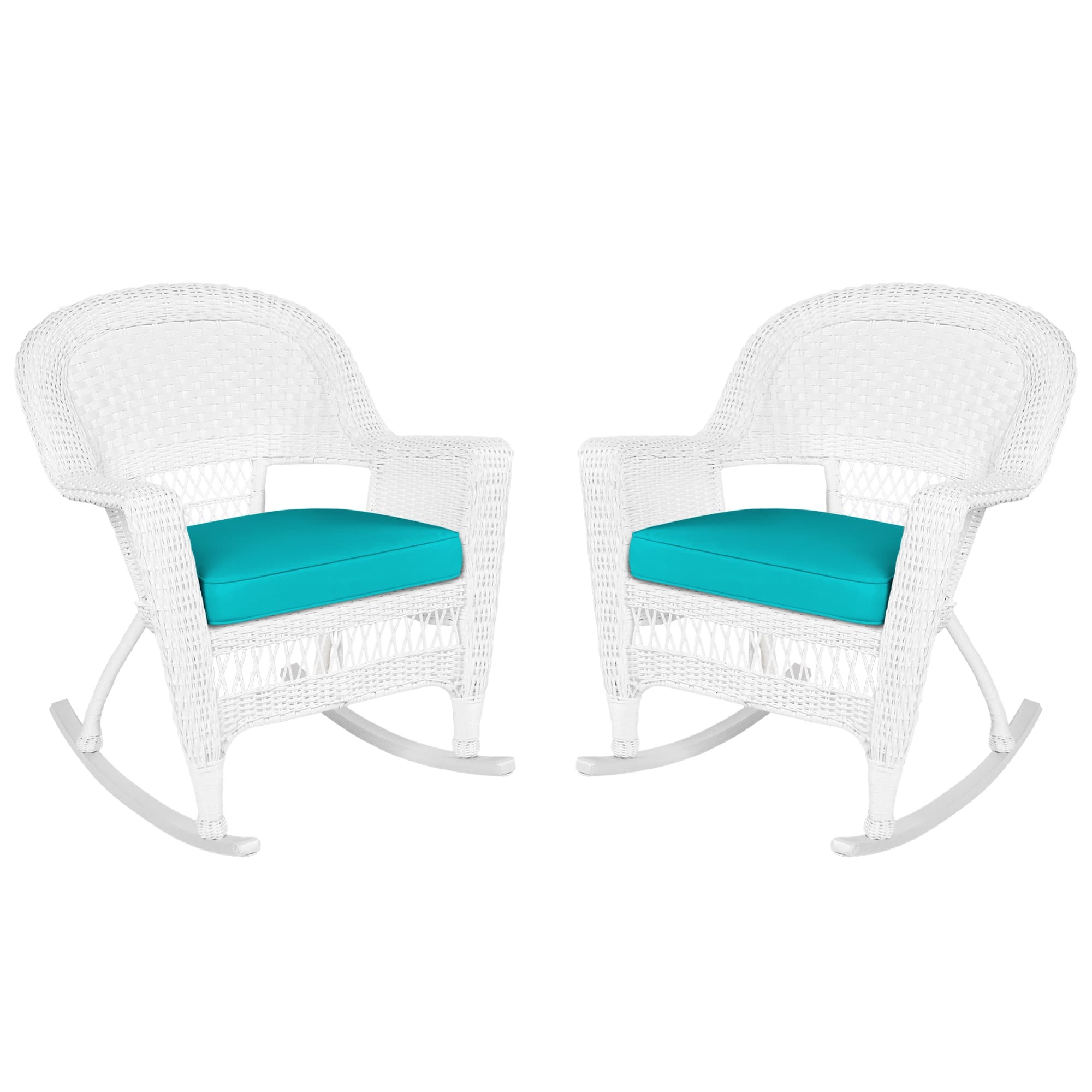 White Rocker Wicker Chair with Turquoise Cushion-  Set of 2