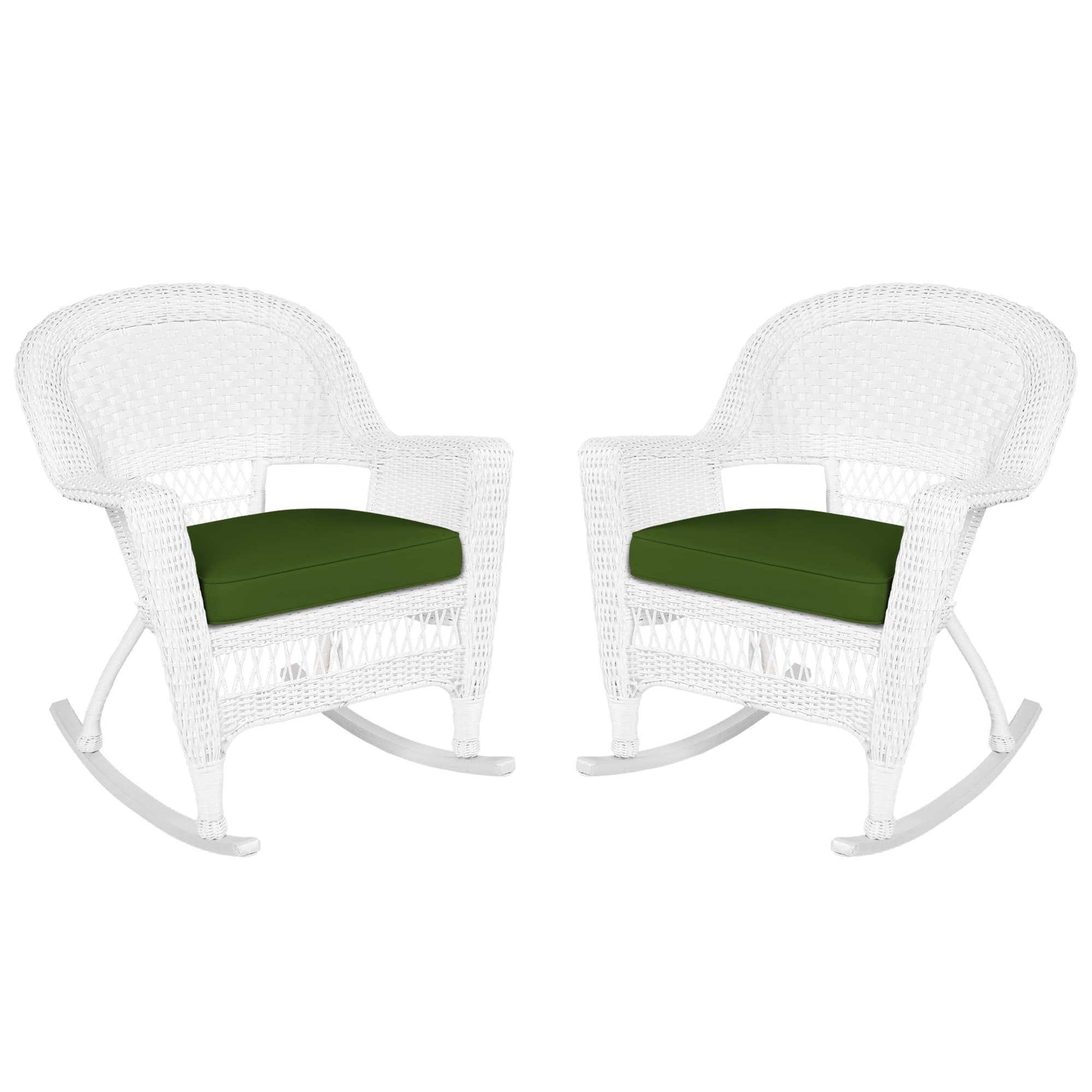 White Rocker Wicker Chair with Hunter Green Cushion-  Set of 2