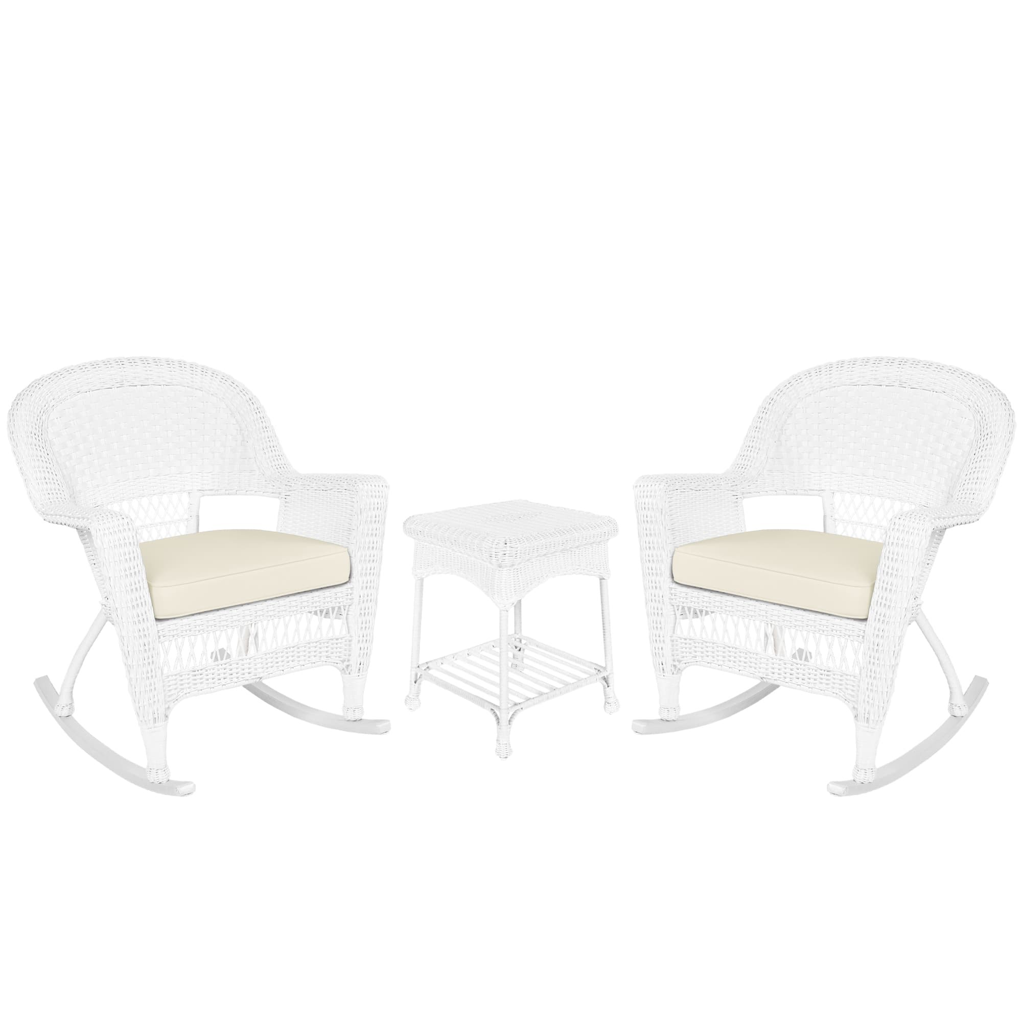 3pc White Rocker Wicker Chair Set With Ivory Cushion