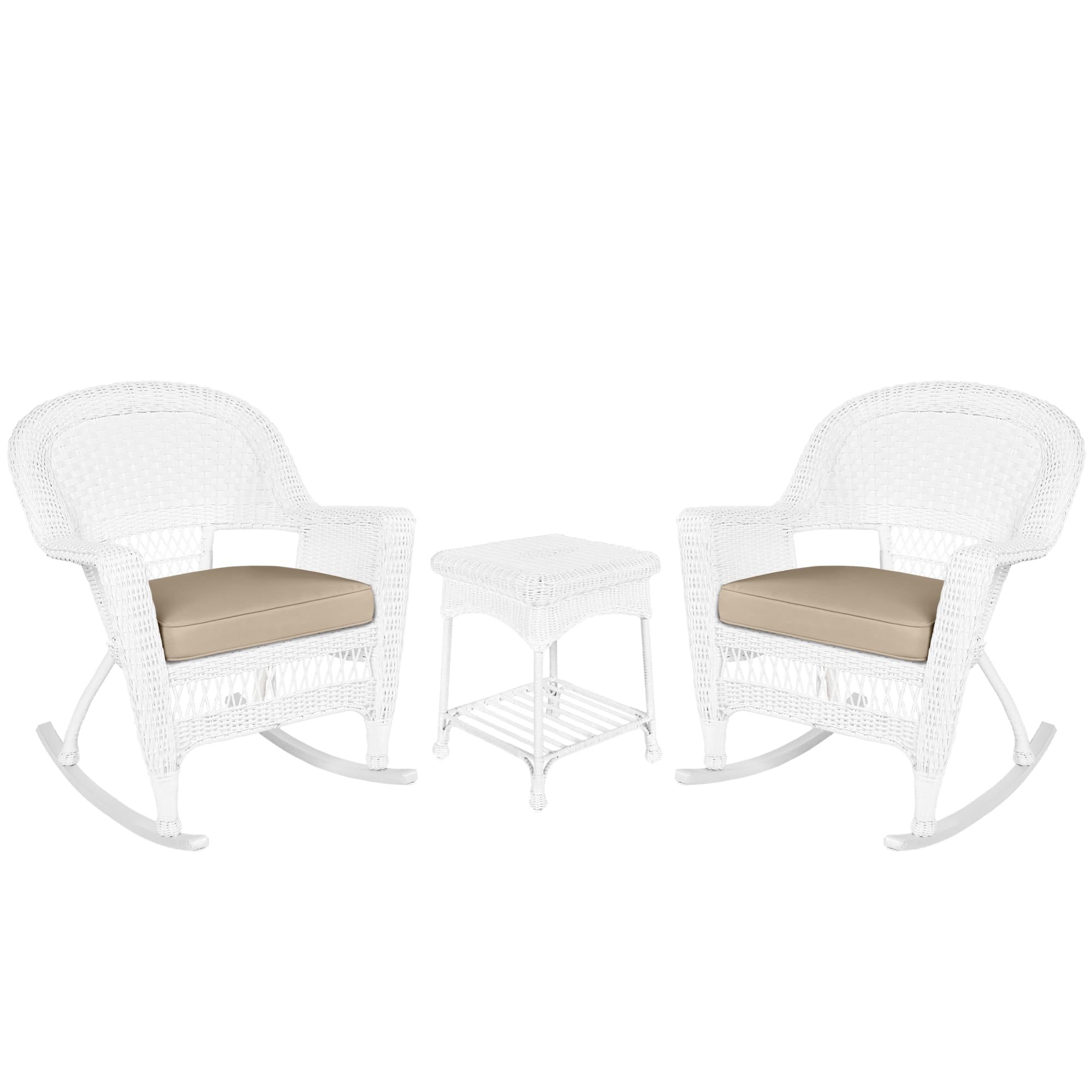 3pc White Rocker Wicker Chair Set With Tan Cushion
