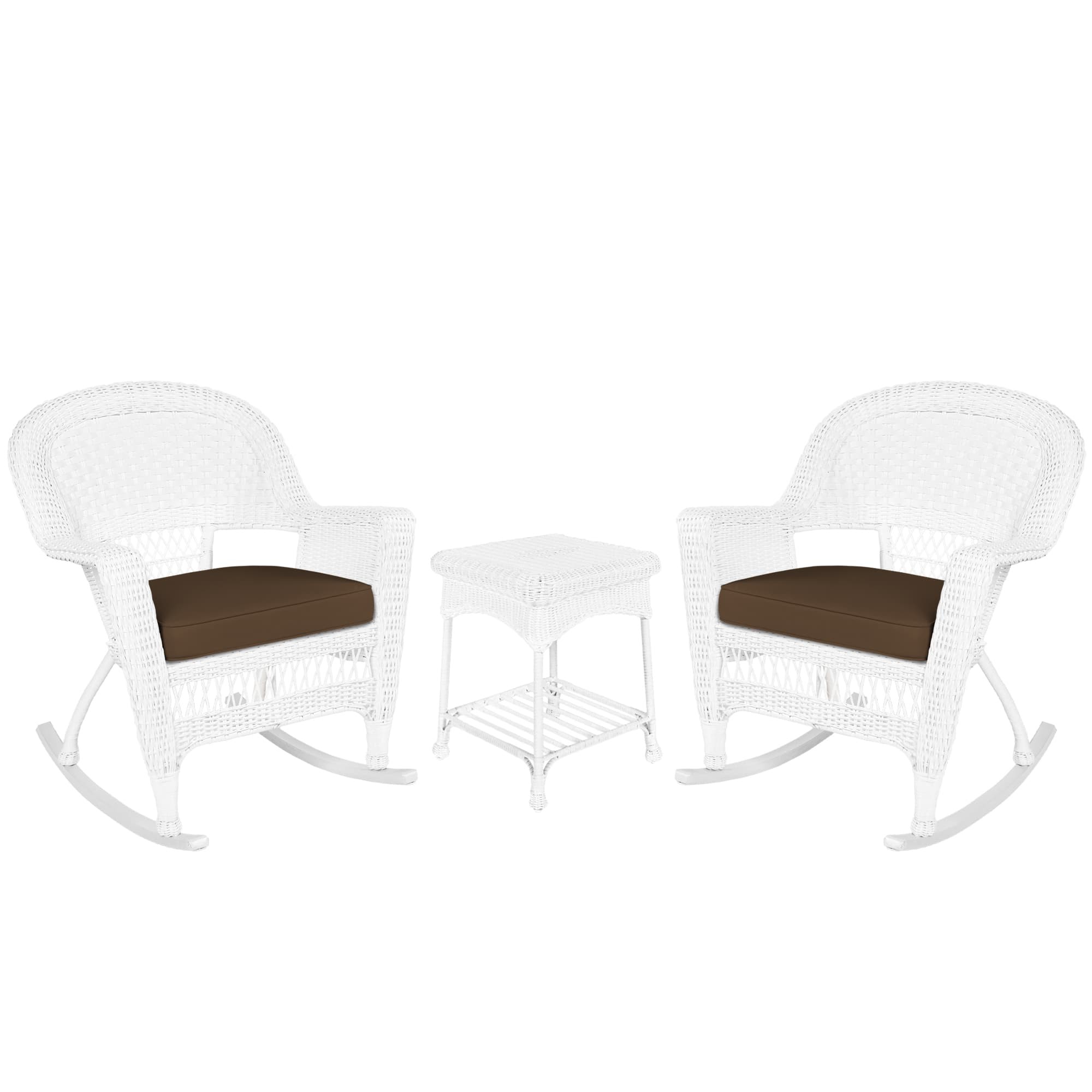 3pc White Rocker Wicker Chair Set With Brown Cushion