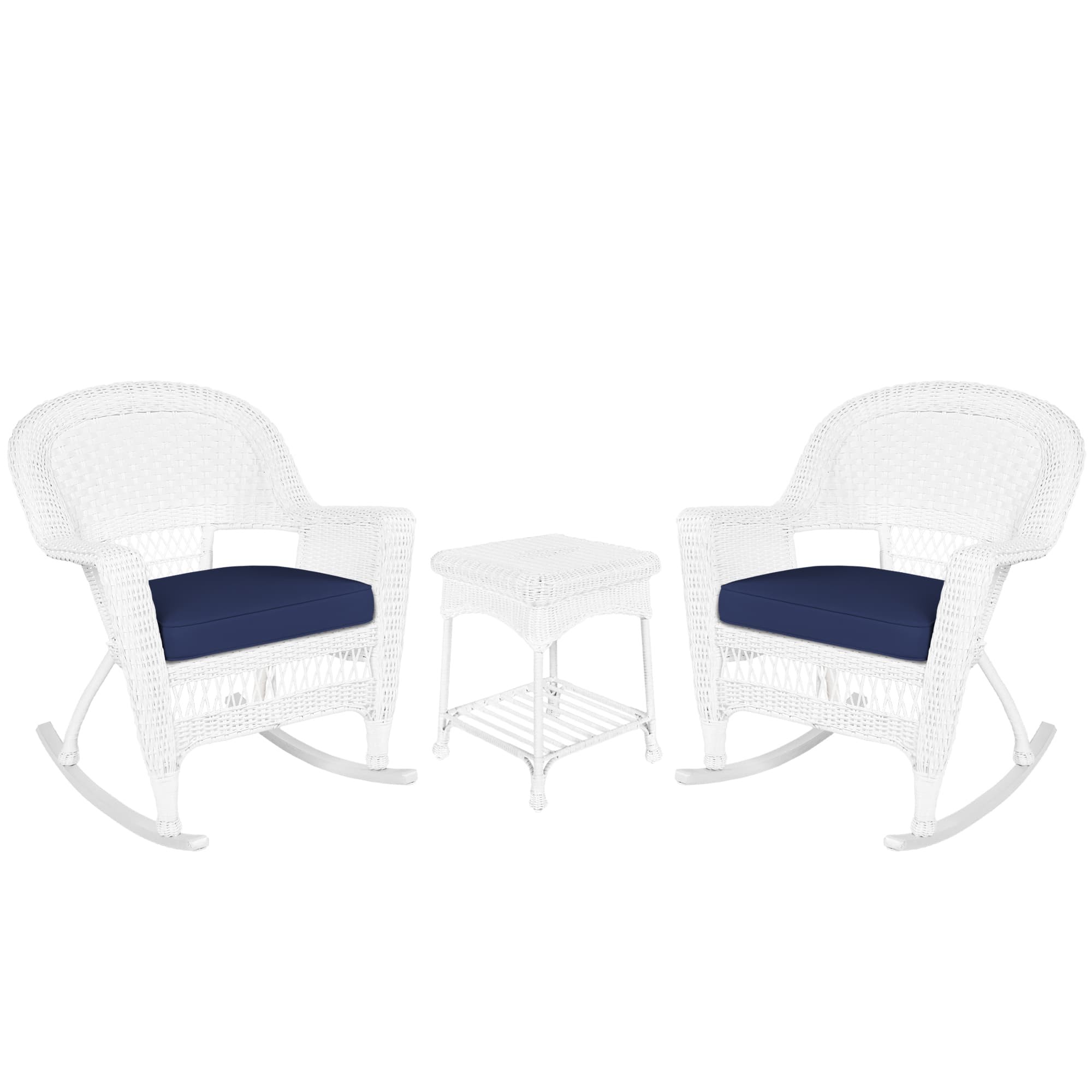 3pc White Rocker Wicker Chair Set With Midnight Blue Cushion