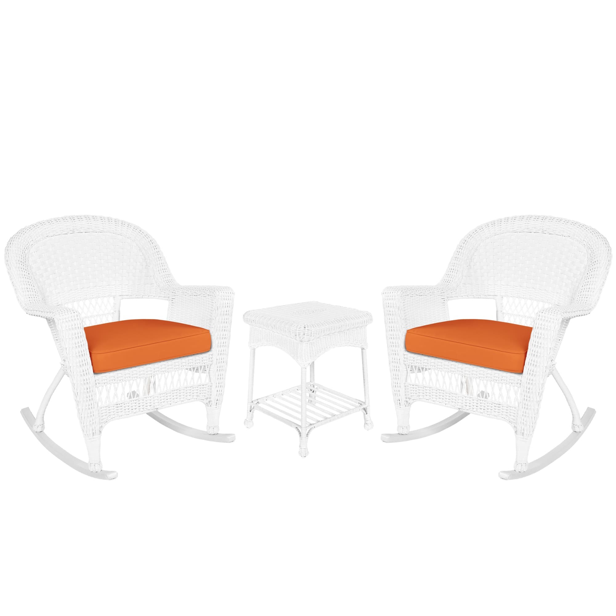 3pc White Rocker Wicker Chair Set With Orange Cushion