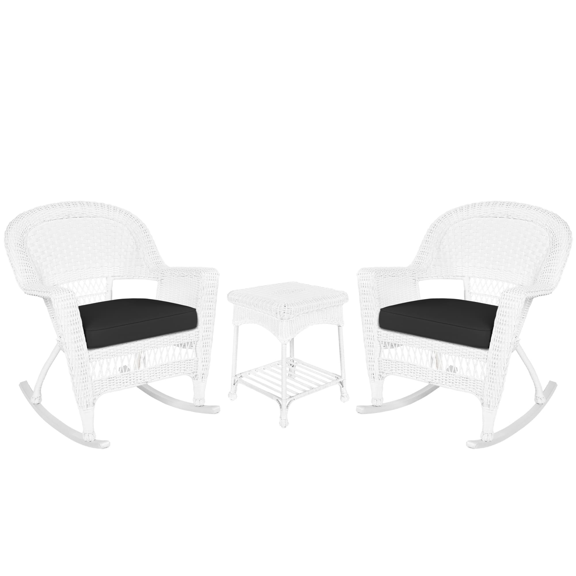 3pc White Rocker Wicker Chair Set With Black Cushion