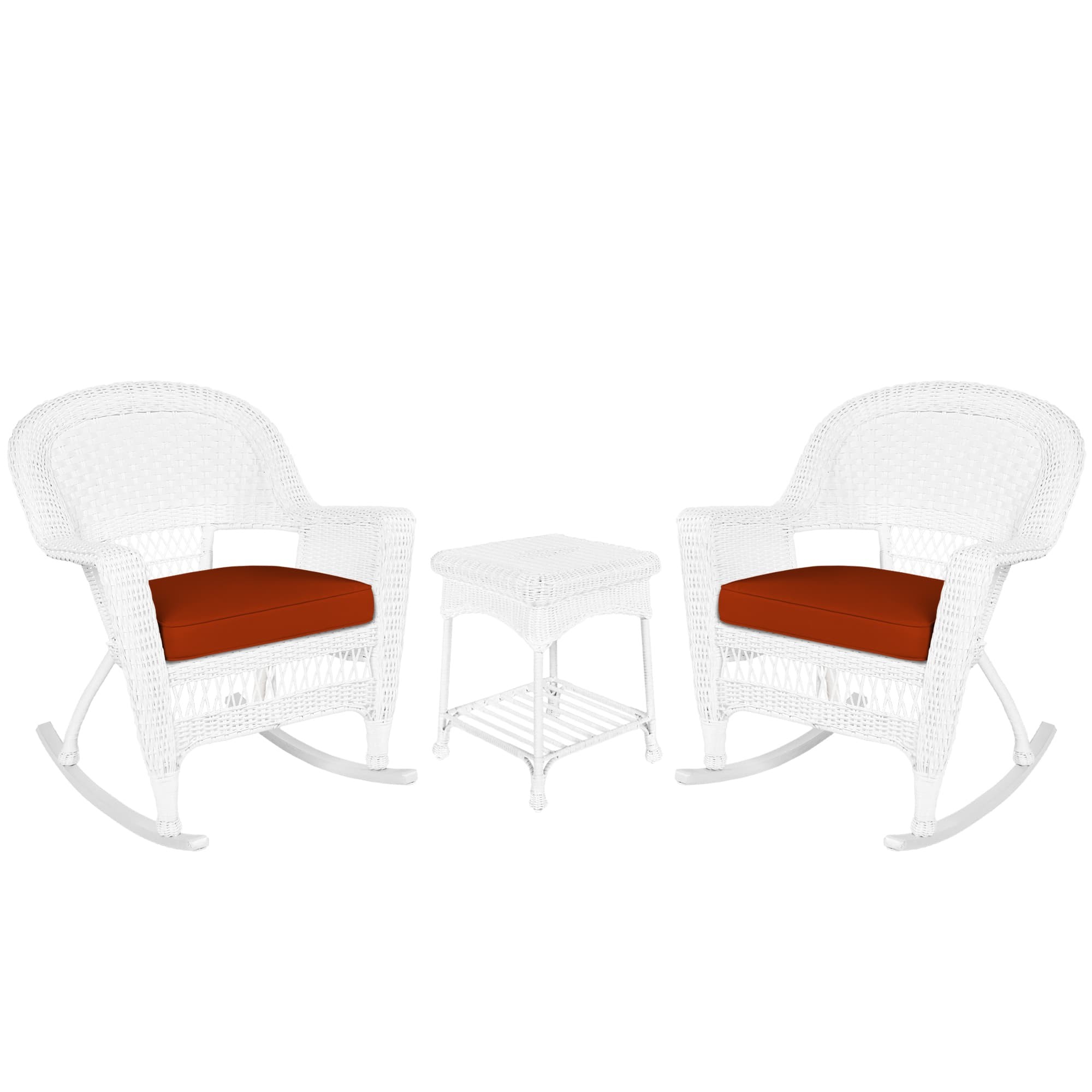 3pc White Rocker Wicker Chair Set With Brick Red Cushion