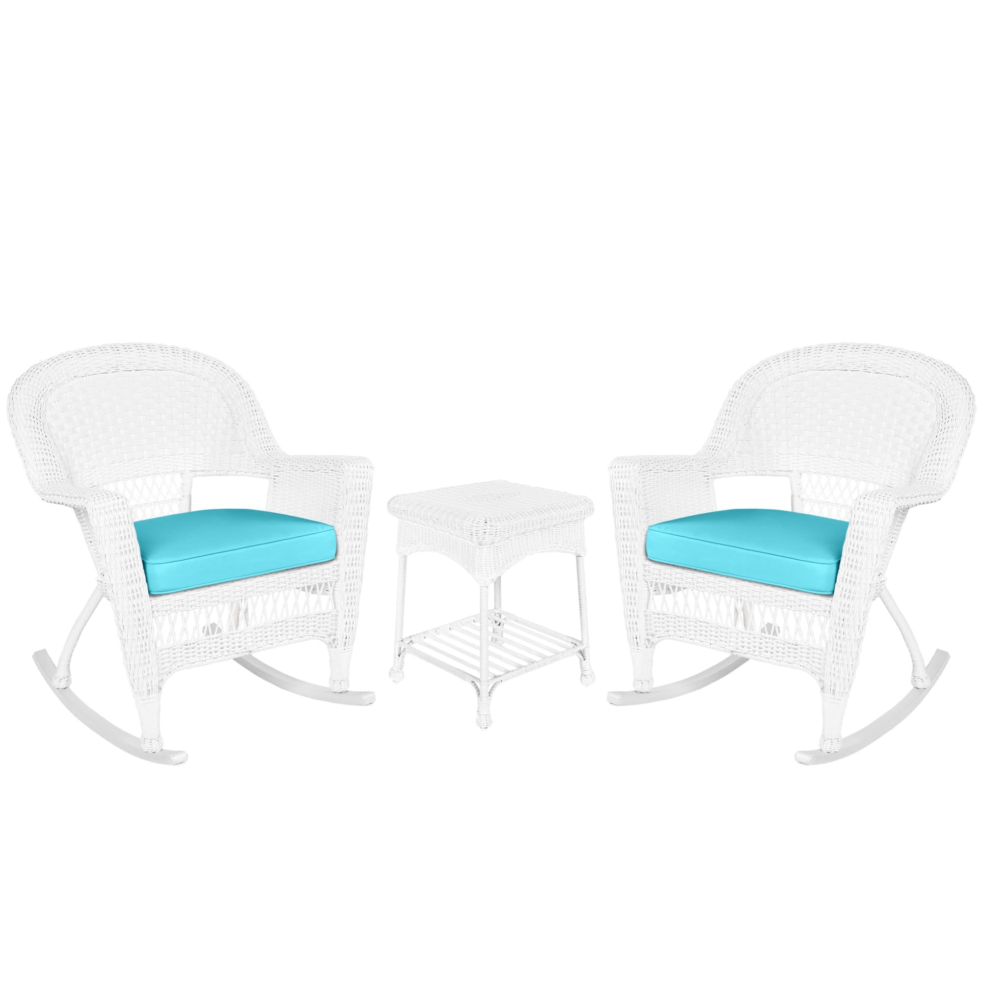 3pc White Rocker Wicker Chair Set With Sky Blue Cushion