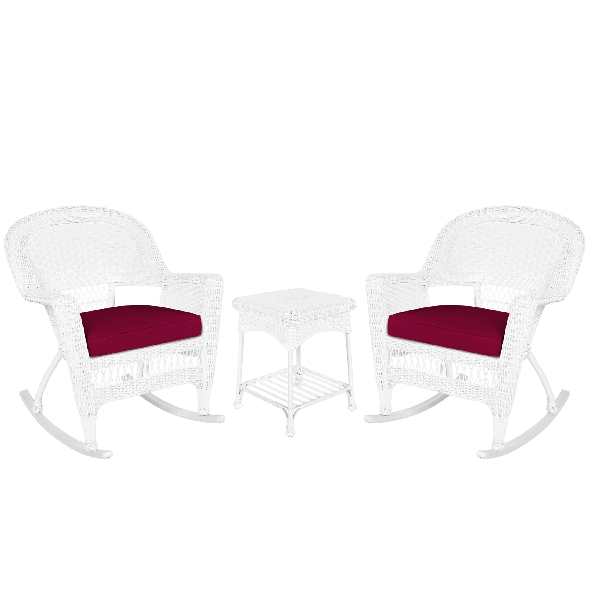 3pc White Rocker Wicker Chair Set With Red Cushion