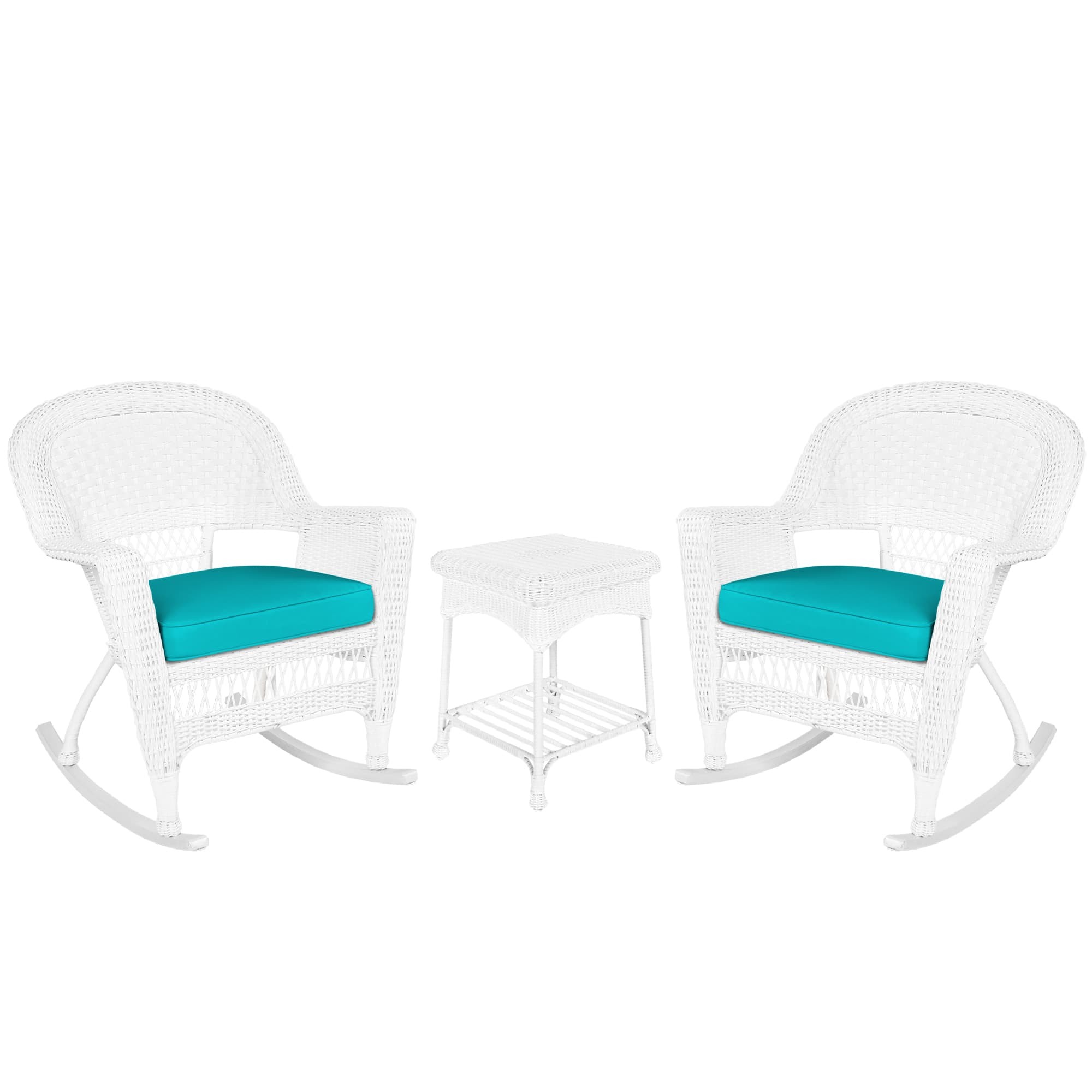 3pc White Rocker Wicker Chair Set With Turquoise Cushion