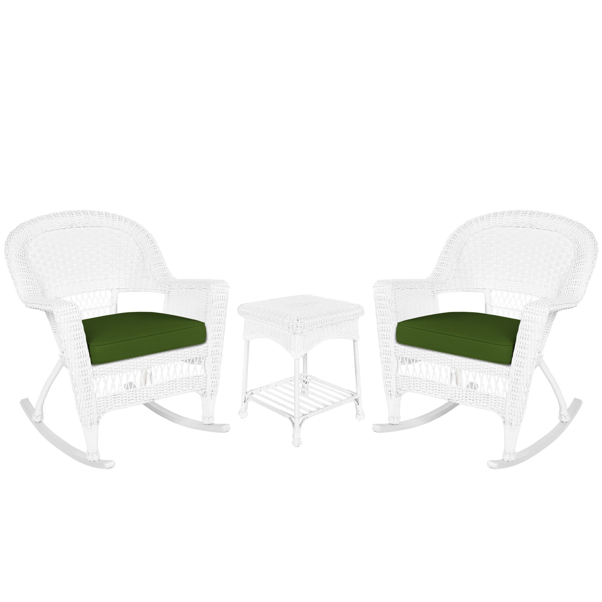 3pc White Rocker Wicker Chair Set With Hunter Green Cushion