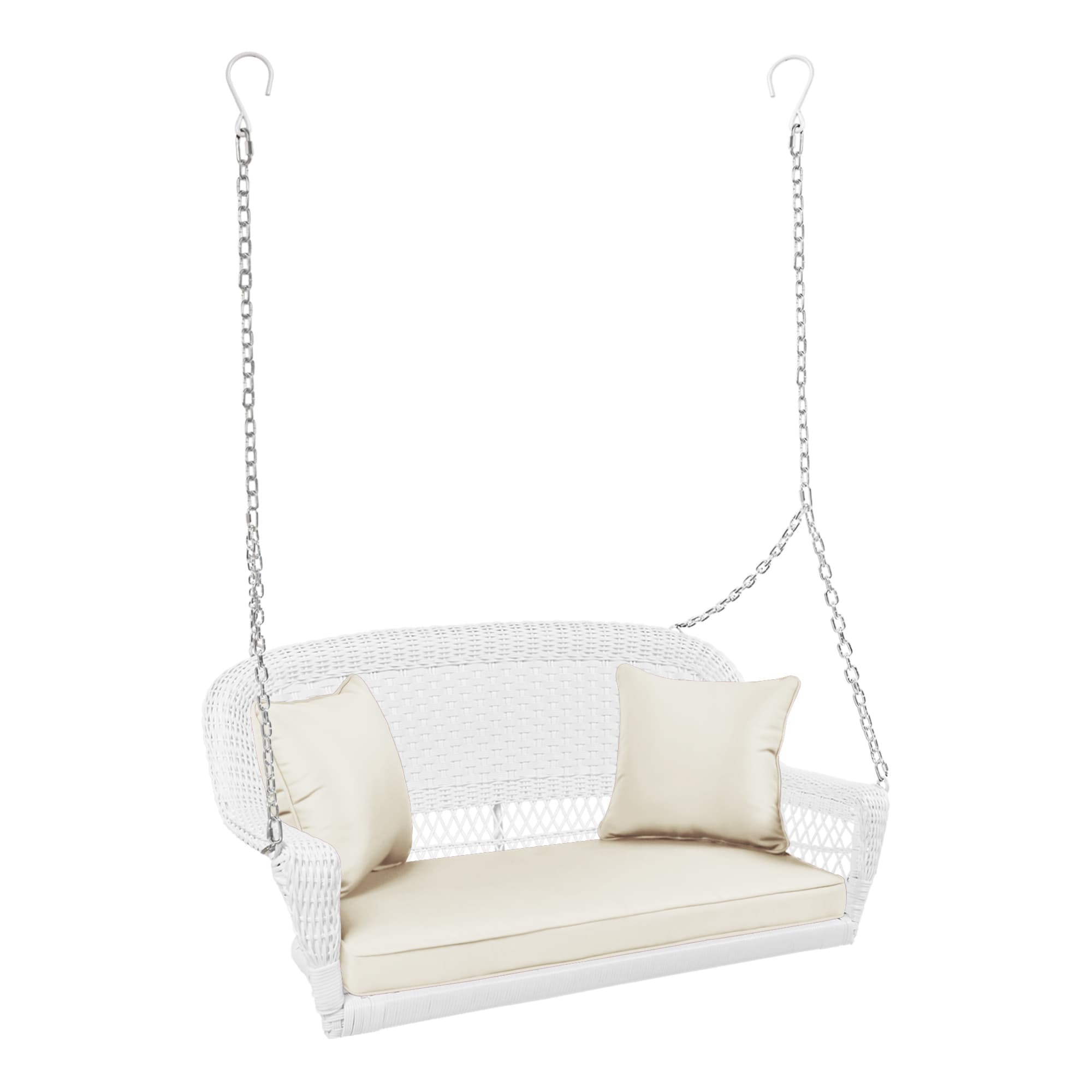 White Resin Wicker Porch Swing with Ivory Cushion