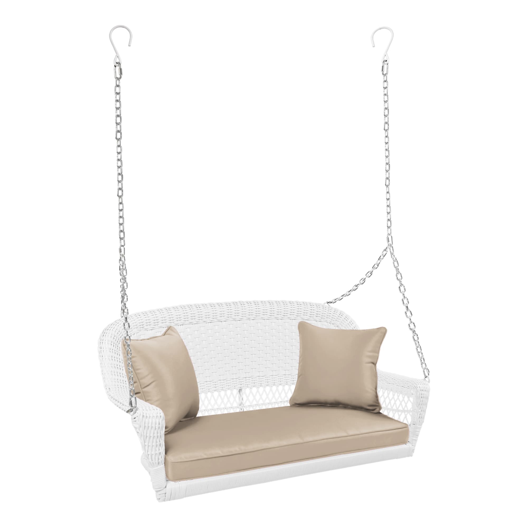 White Resin Wicker Porch Swing with Tan Cushion