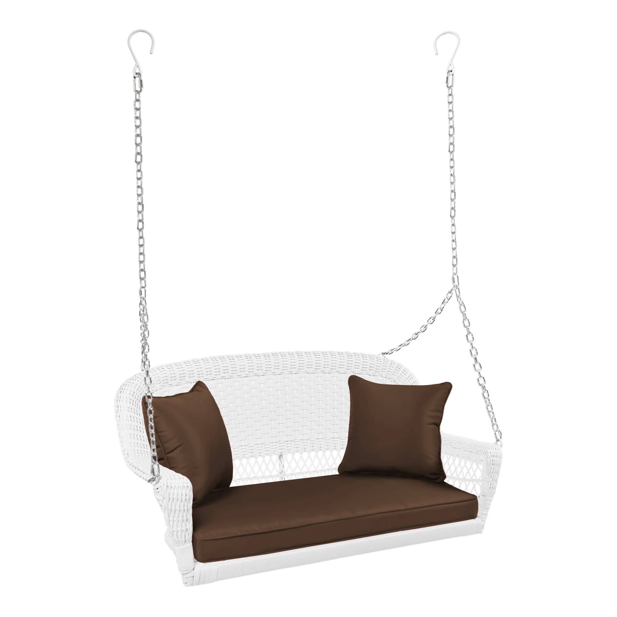 White Resin Wicker Porch Swing with Brown Cushion