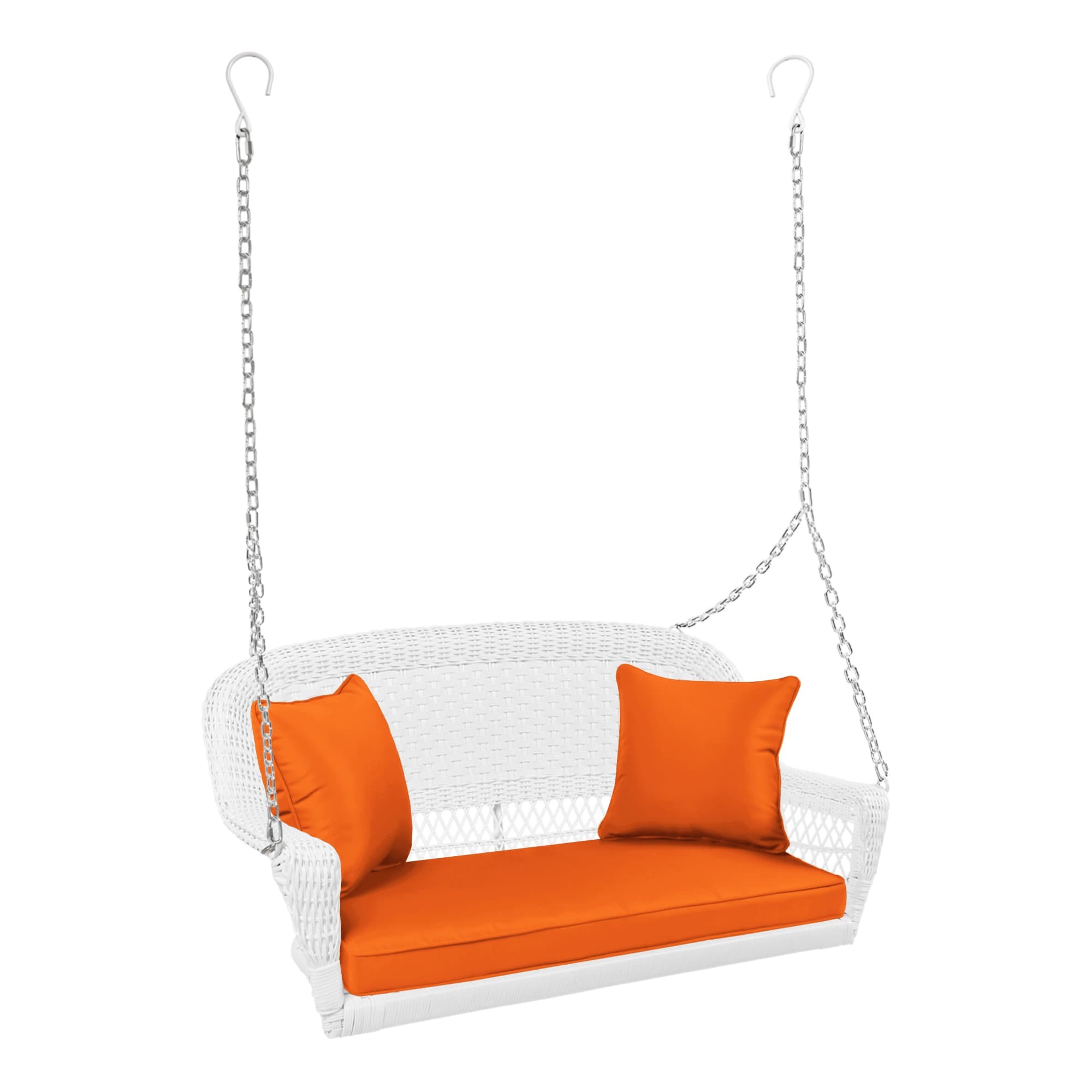 White Resin Wicker Porch Swing with Orange Cushion