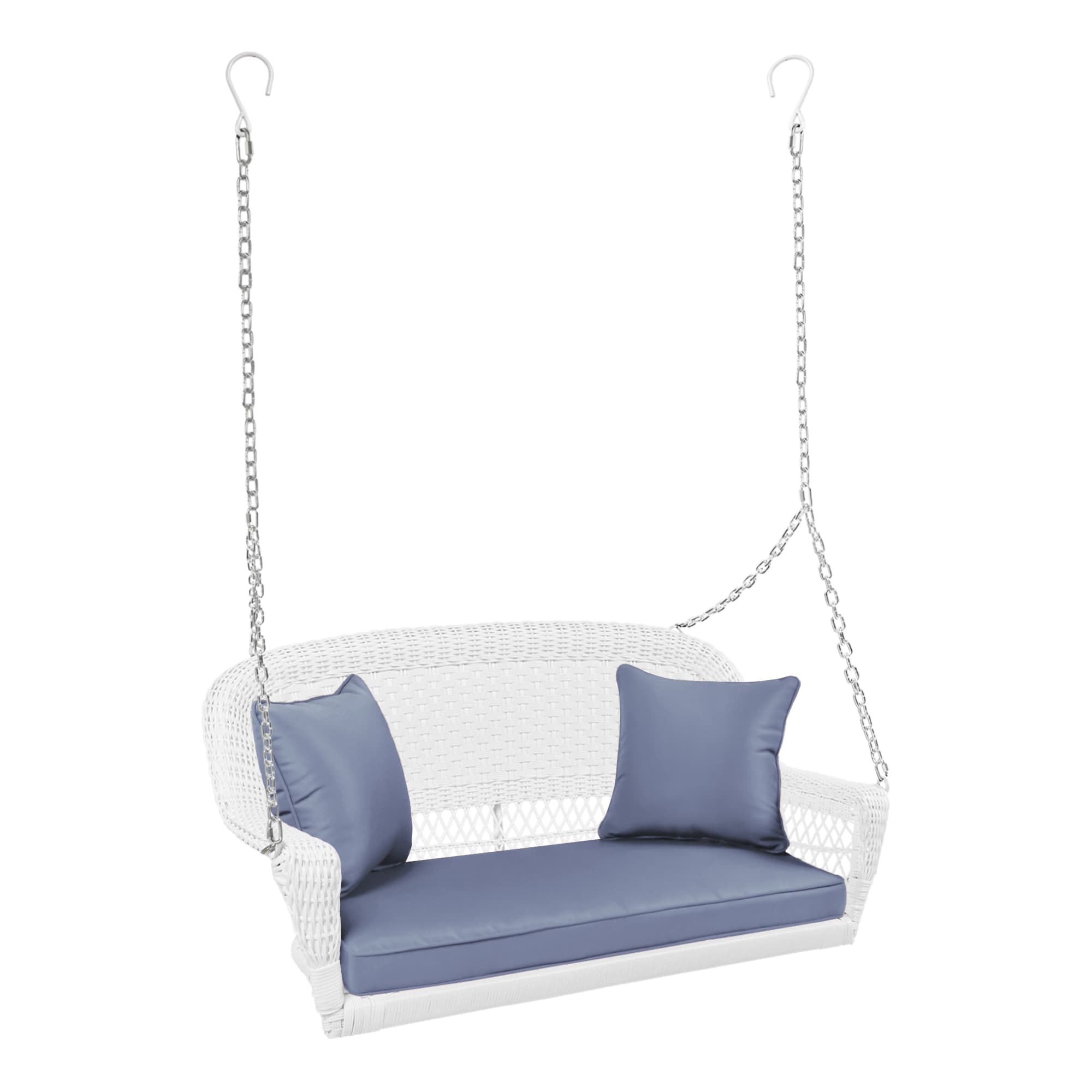 White Resin Wicker Porch Swing with Steel Blue Cushion