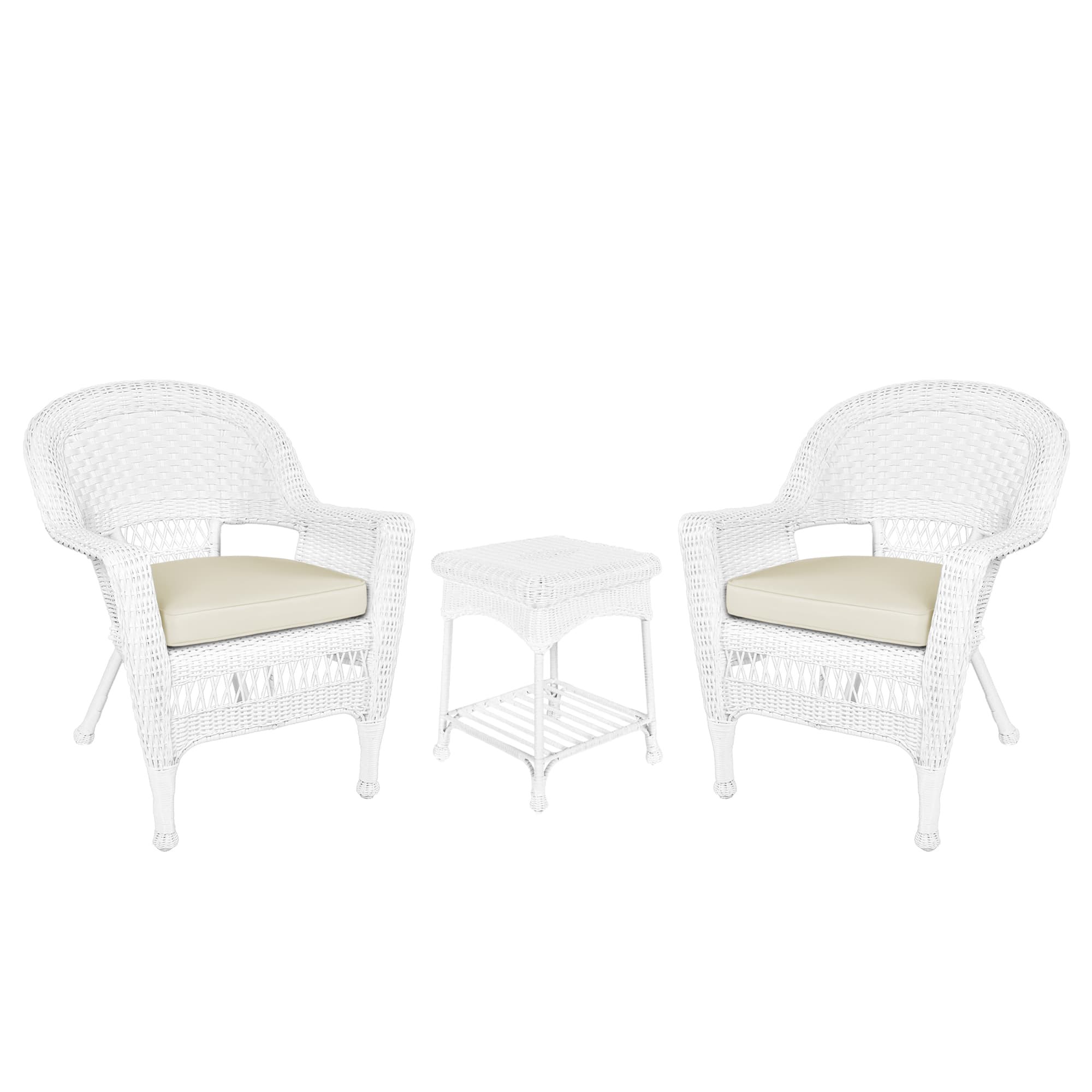 White Wicker Chair And End Table Set With Ivory Chair Cushion