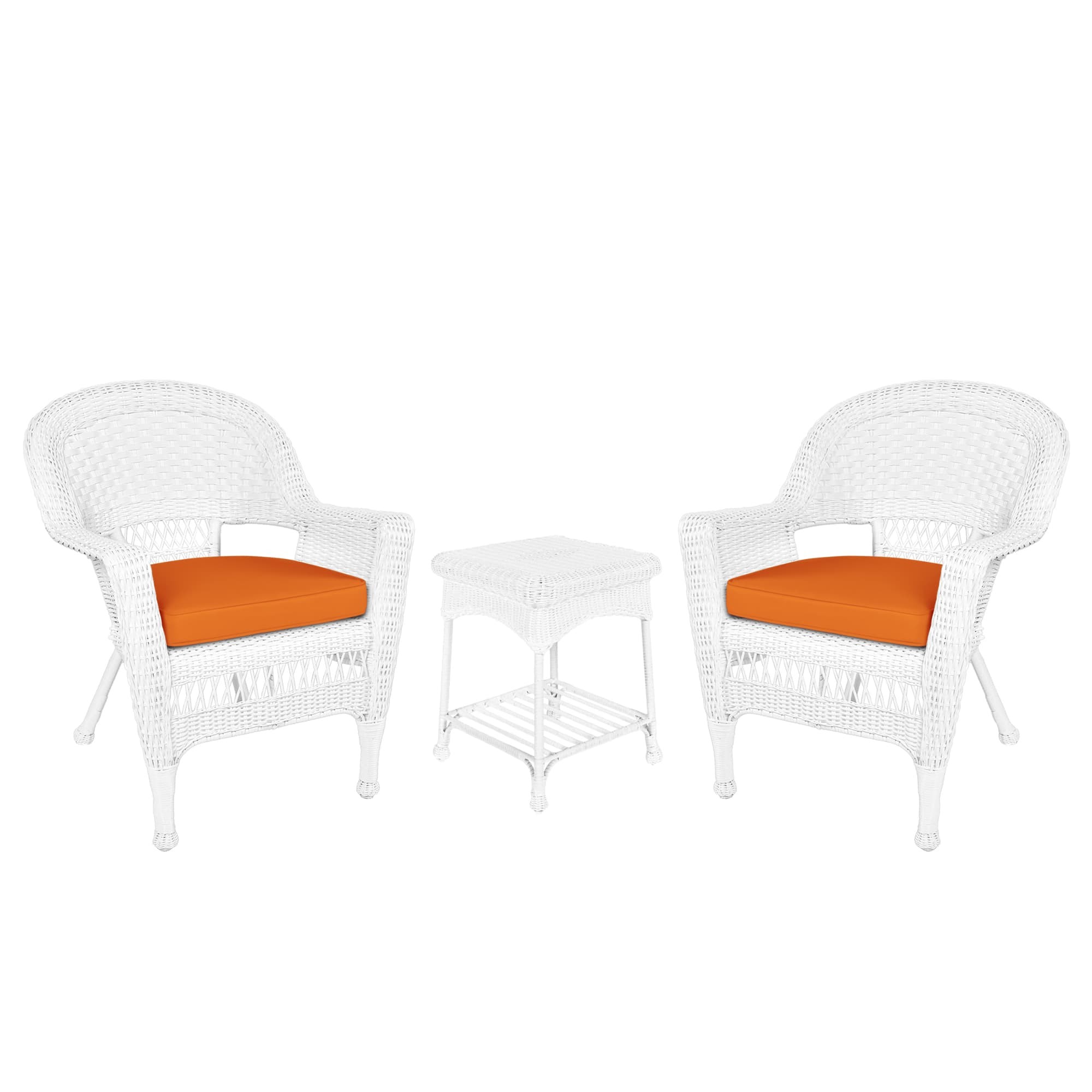 White Wicker Chair And End Table Set With Orange Chair Cushion