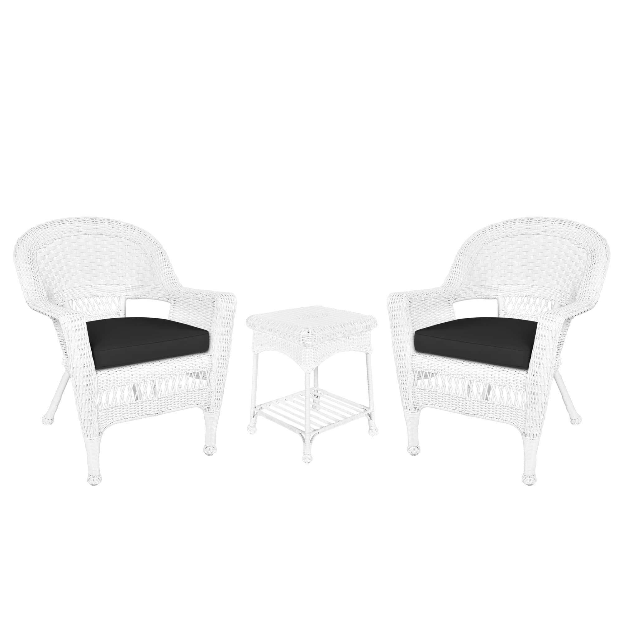 White Wicker Chair And End Table Set With Black Chair Cushion