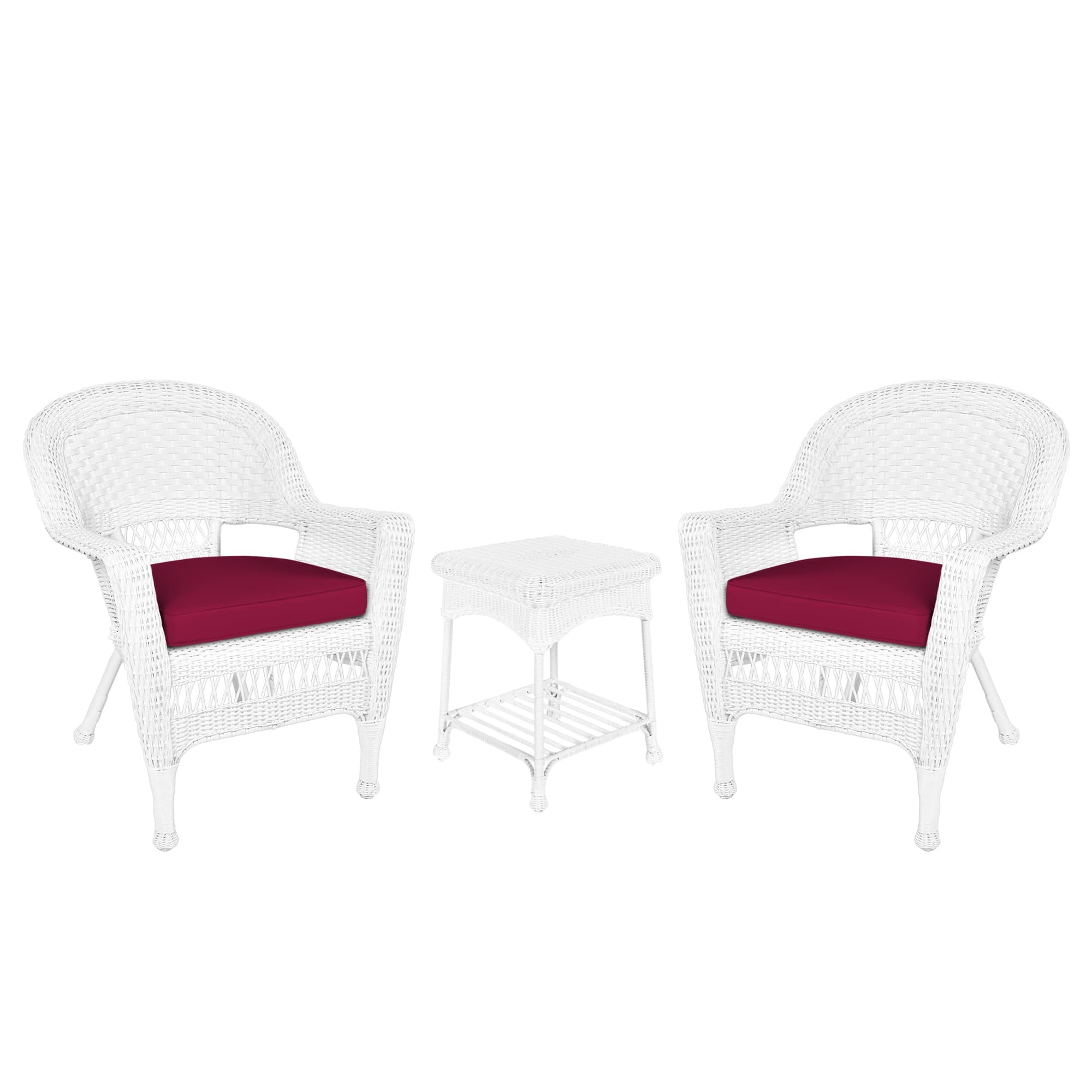 White Wicker Chair And End Table Set With Red Chair Cushion