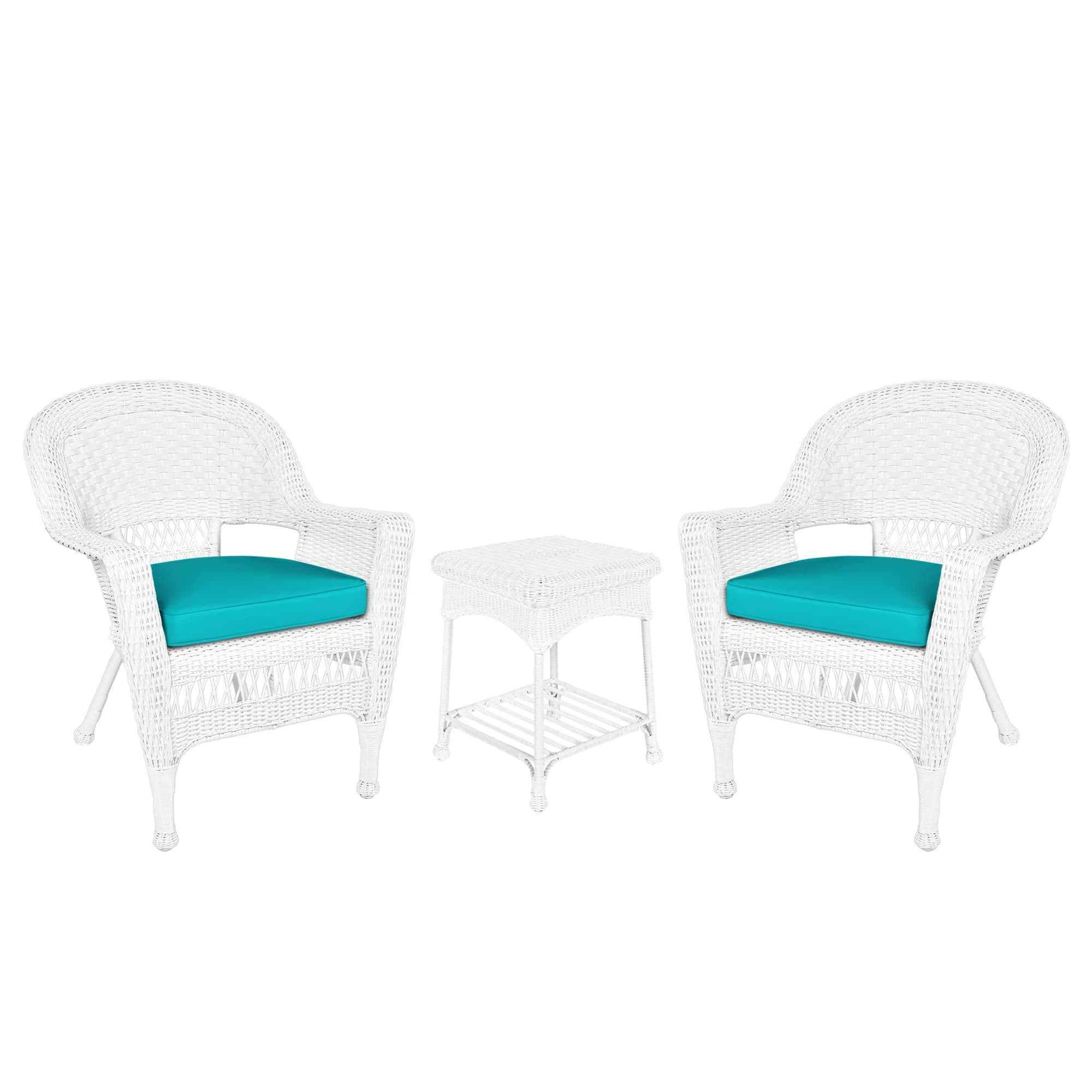 White Wicker Chair And End Table Set With Turquoise Chair Cushion