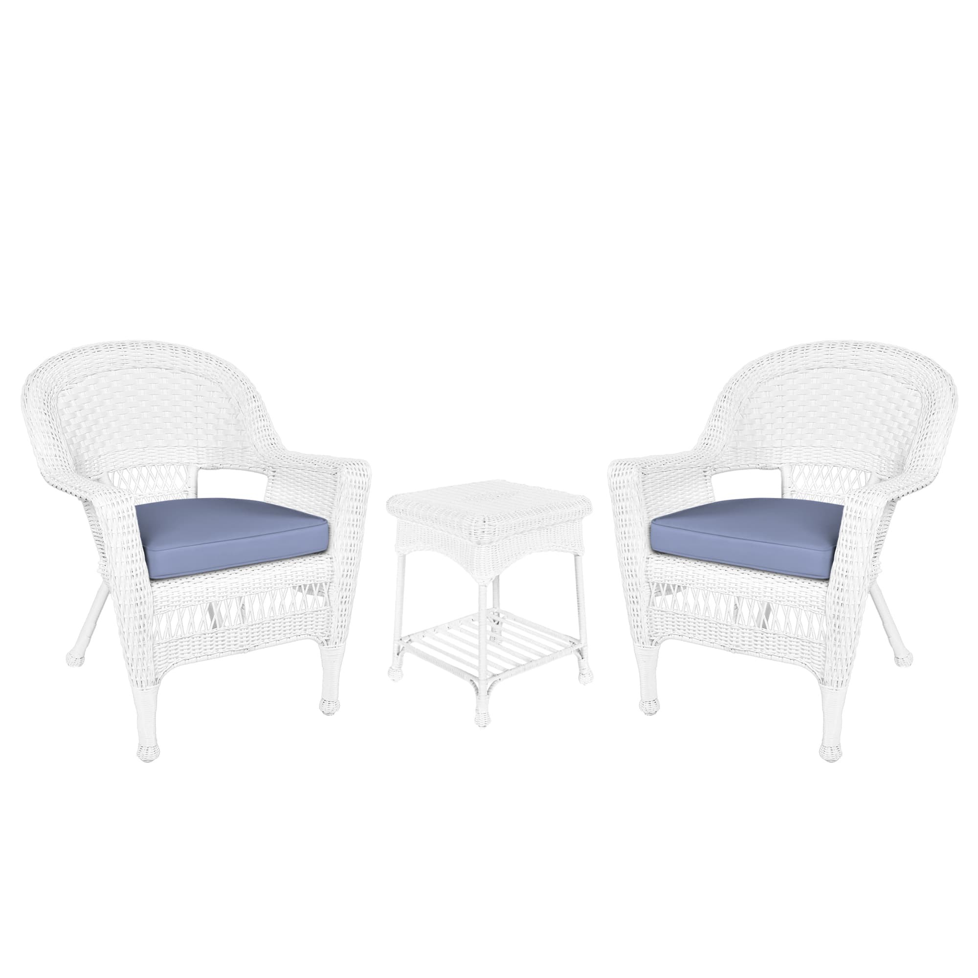 White Wicker Chair And End Table Set With Steel Blue Chair Cushion