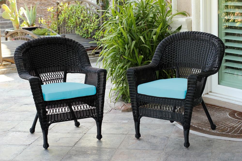 Black Wicker Chair With Sky Blue Cushion - Set of 2