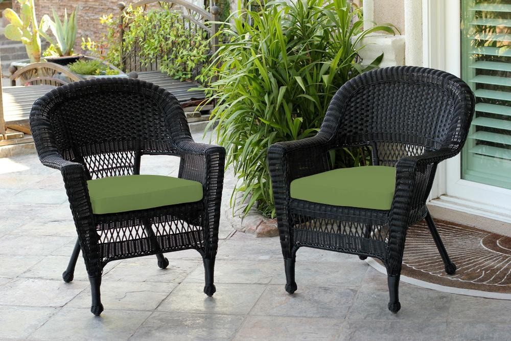 Black Wicker Chair With Hunter Green Cushion - Set of 2