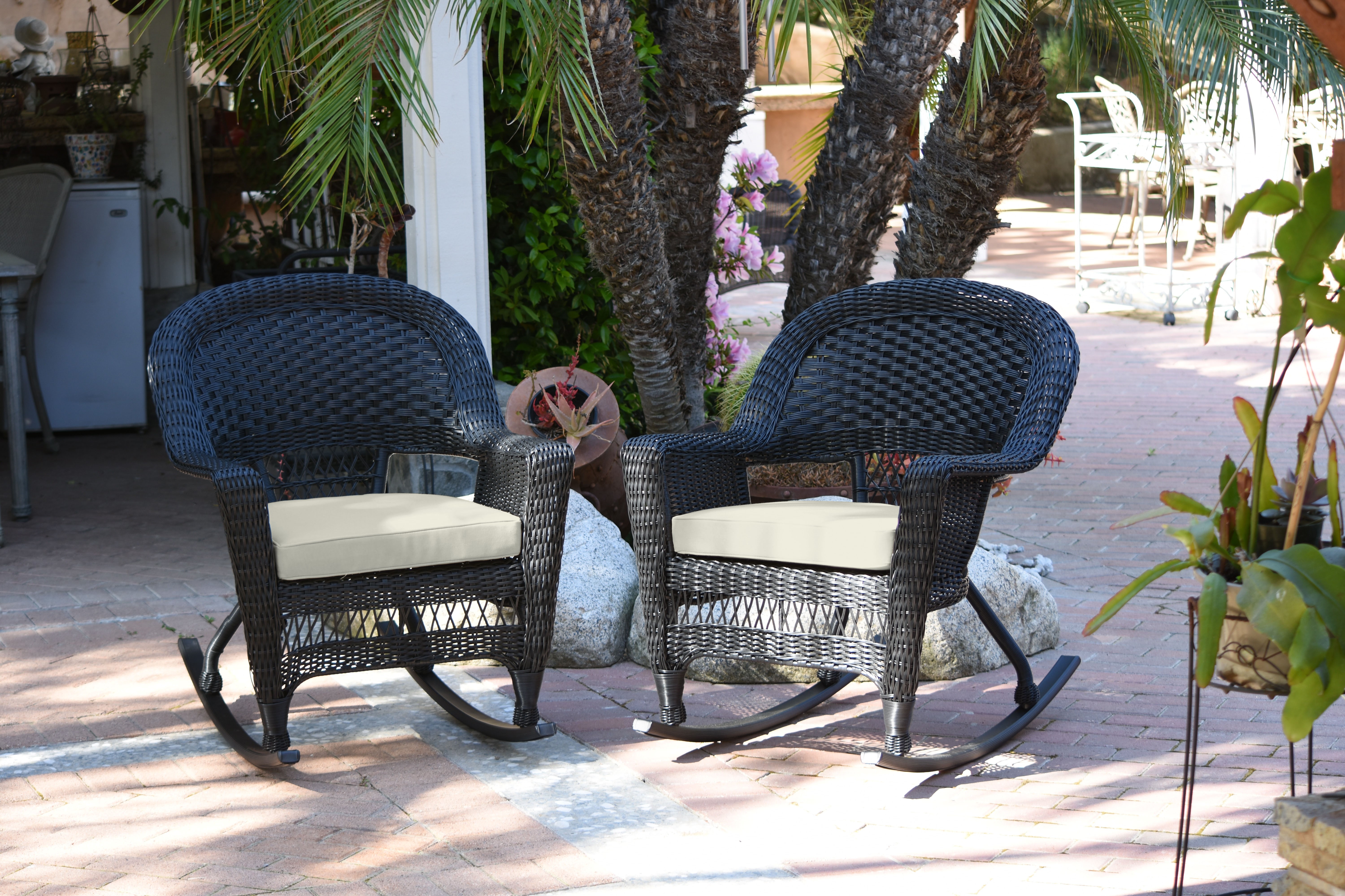 Black Rocker Wicker Chair with Ivory Cushion -  Set of 2