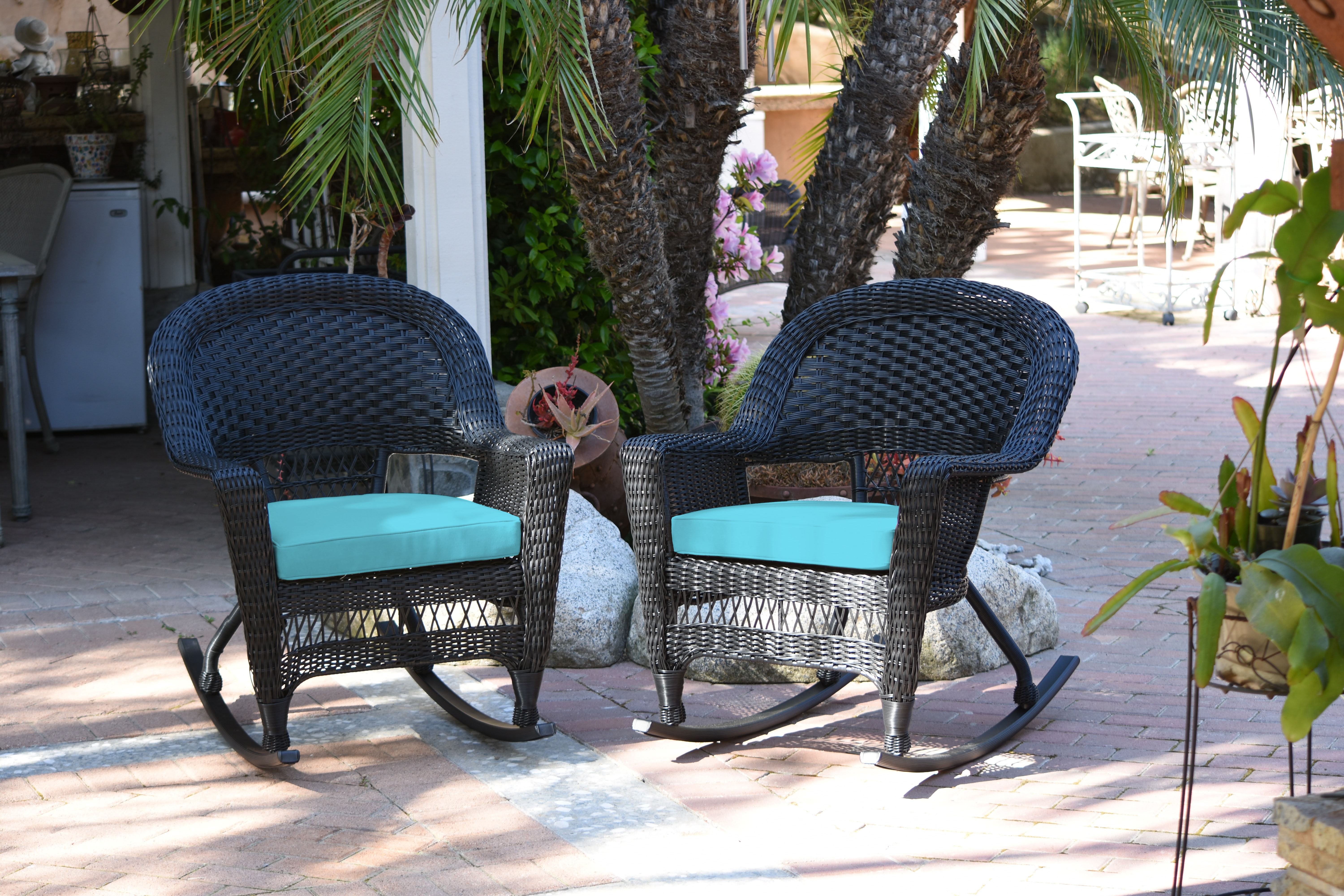 Black Rocker Wicker Chair with Sky Blue Cushion -  Set of 2