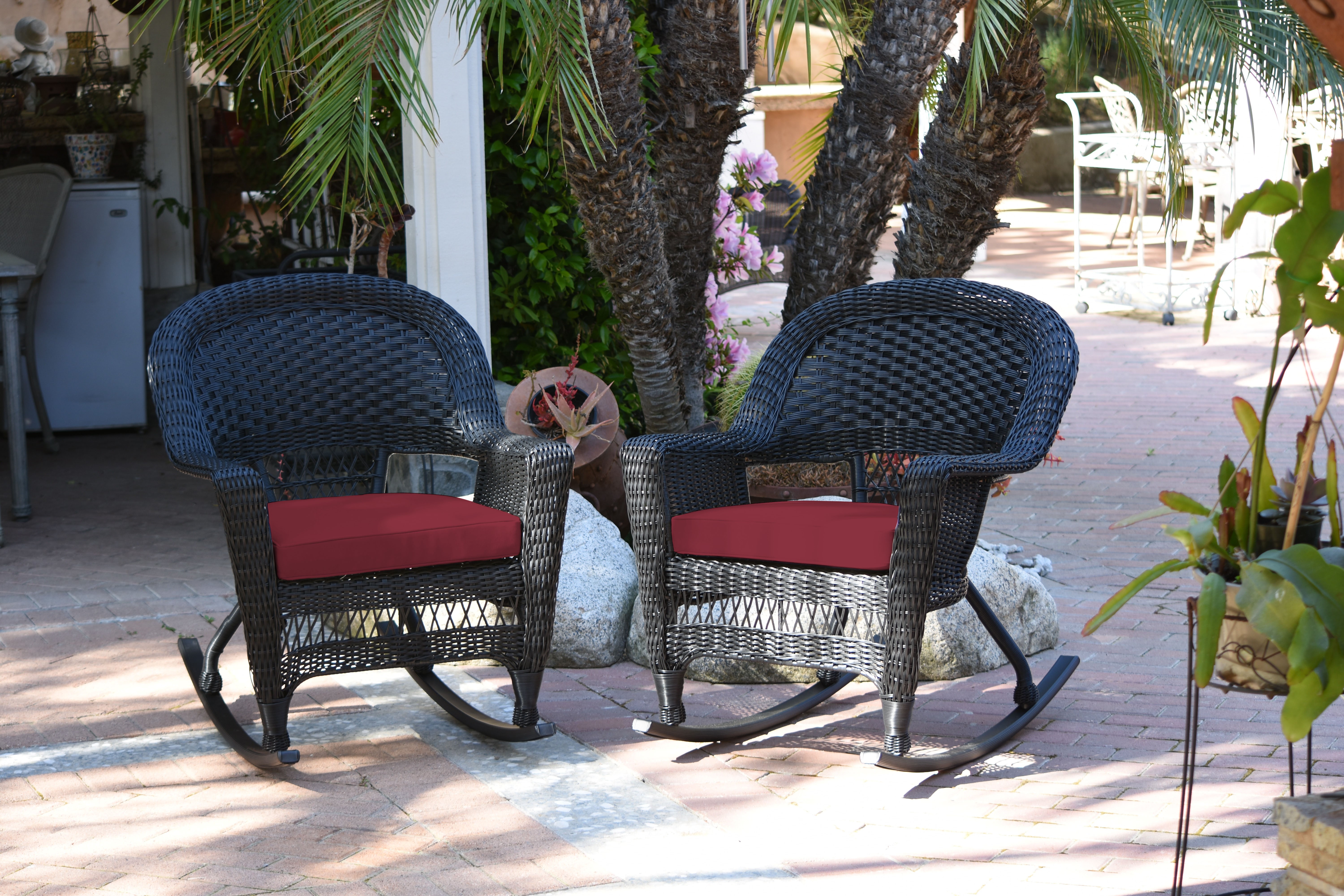 Black Rocker Wicker Chair with Red Cushion -  Set of 2