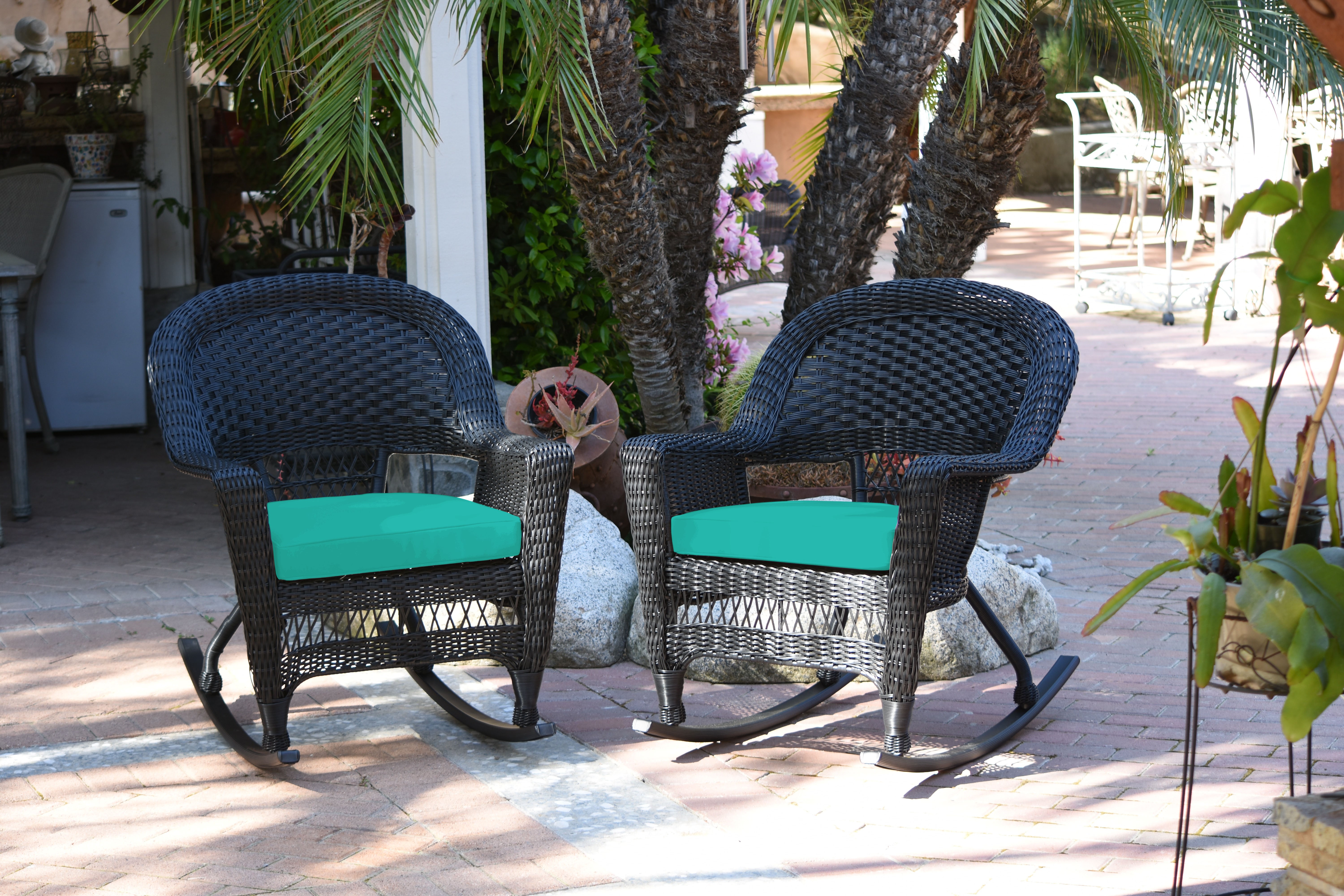 Black Rocker Wicker Chair with Turquoise Cushion -  Set of 2