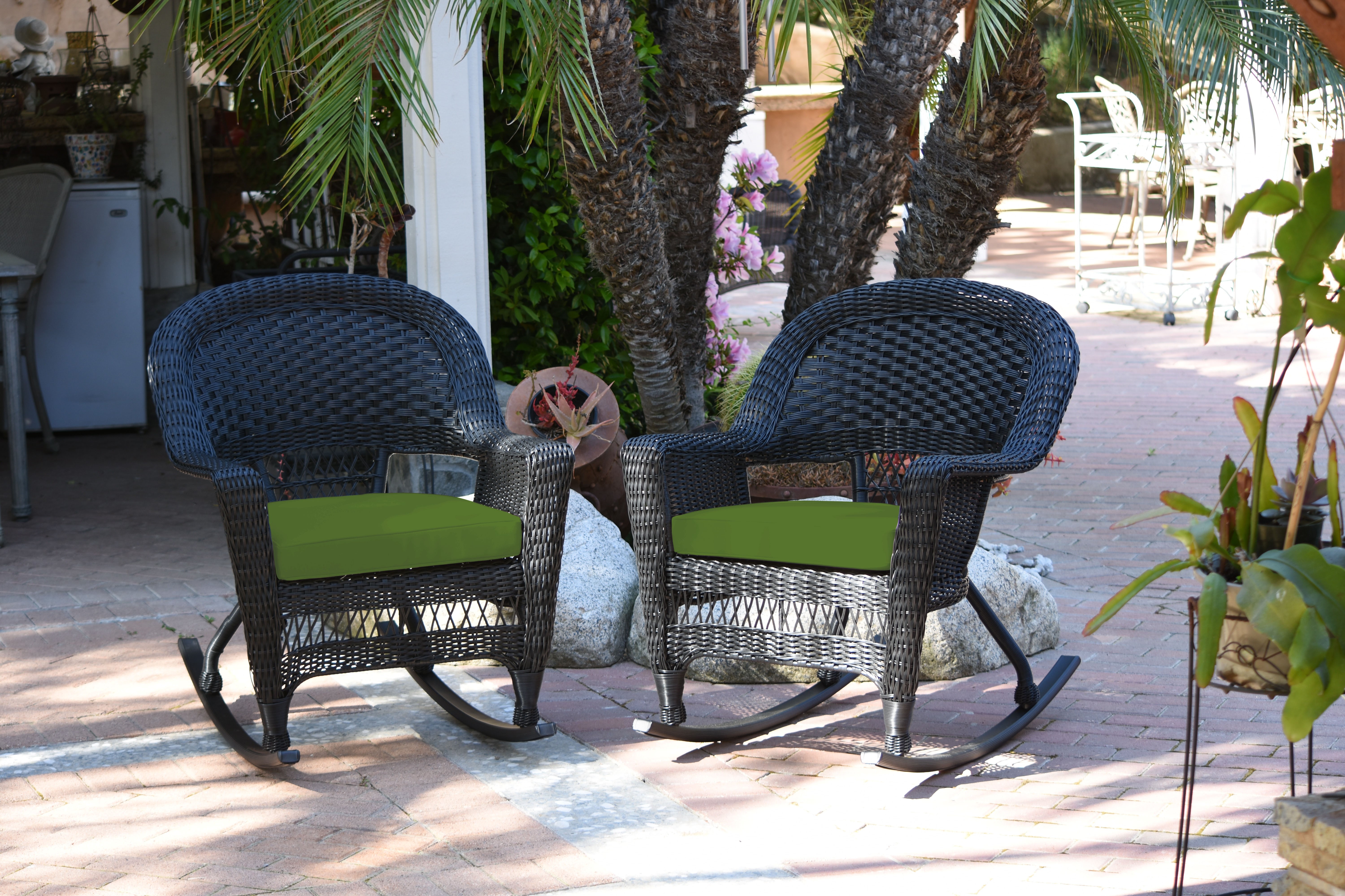 Black Rocker Wicker Chair with Hunter Green Cushion -  Set of 2