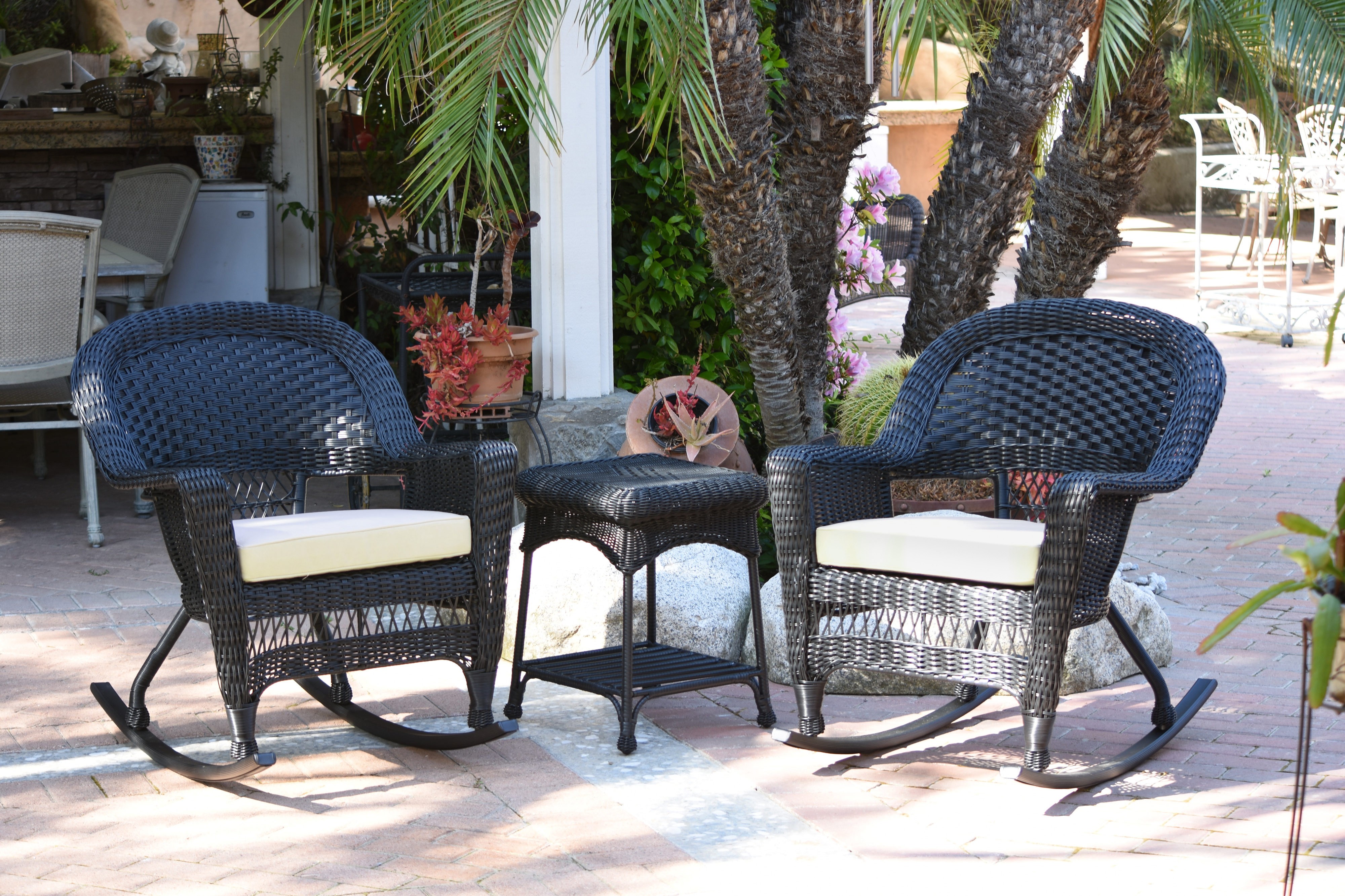 3pc Black Rocker Wicker Chair Set With Ivory Cushion