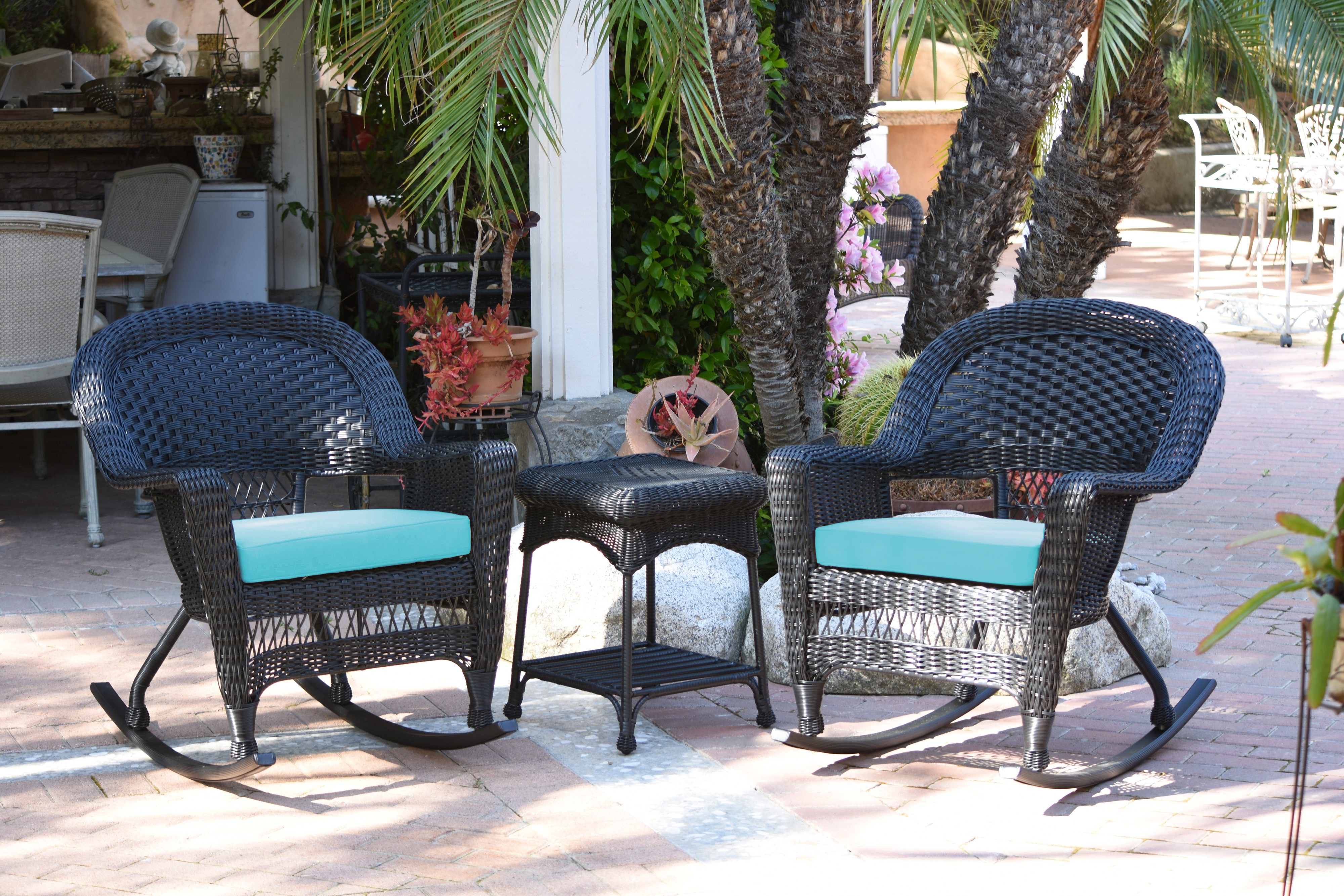3pc Black Rocker Wicker Chair Set With Sky Blue Cushion