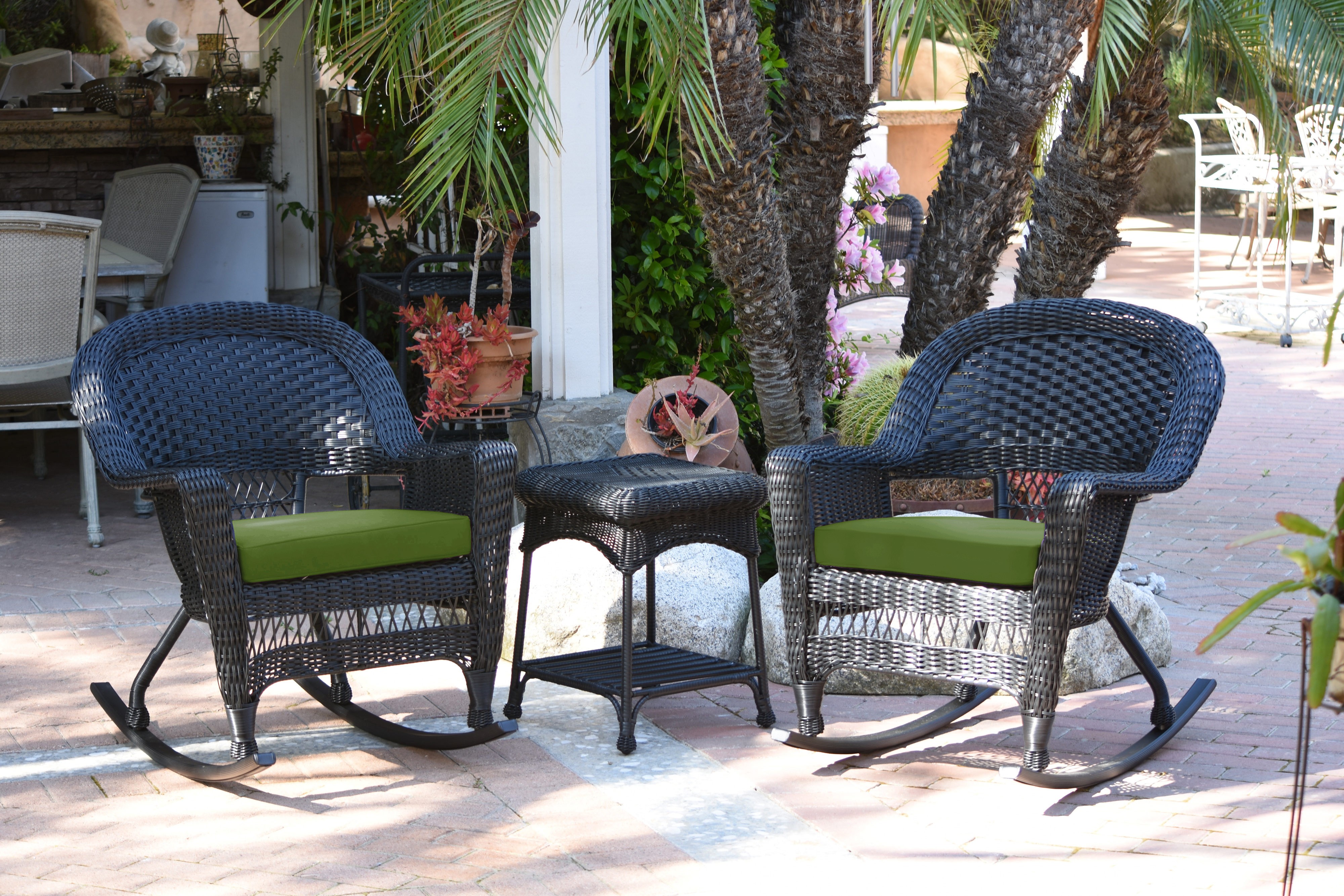 3pc Black Rocker Wicker Chair Set With Hunter Green Cushion