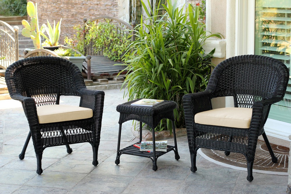 Black Wicker Chair And End Table Set With Ivory Cushion