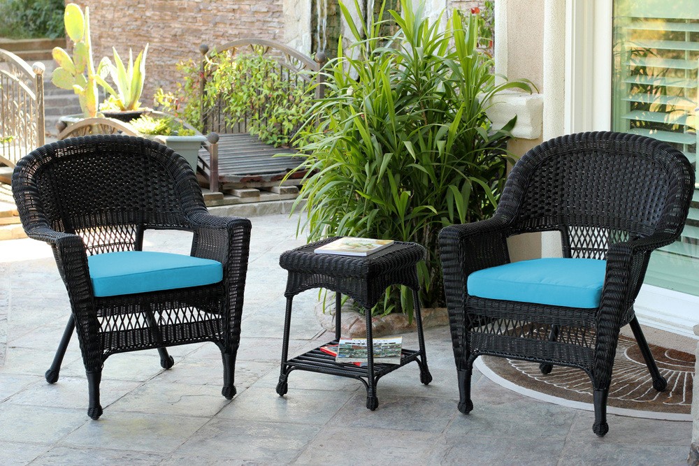 Black Wicker Chair And End Table Set With Sky Blue Cushion