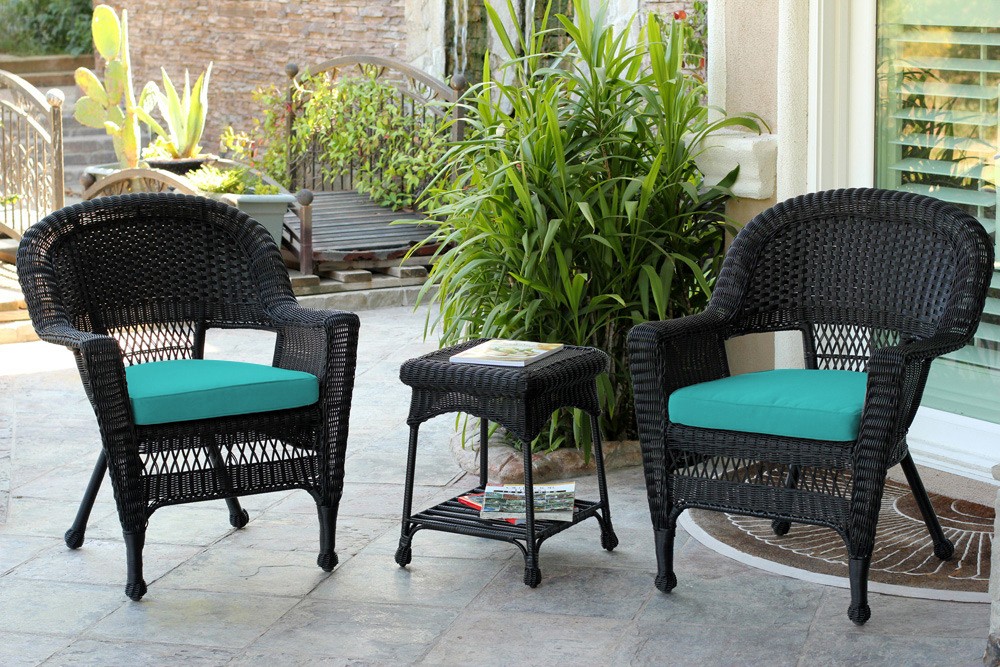 Black Wicker Chair And End Table Set With Turquoise Cushion