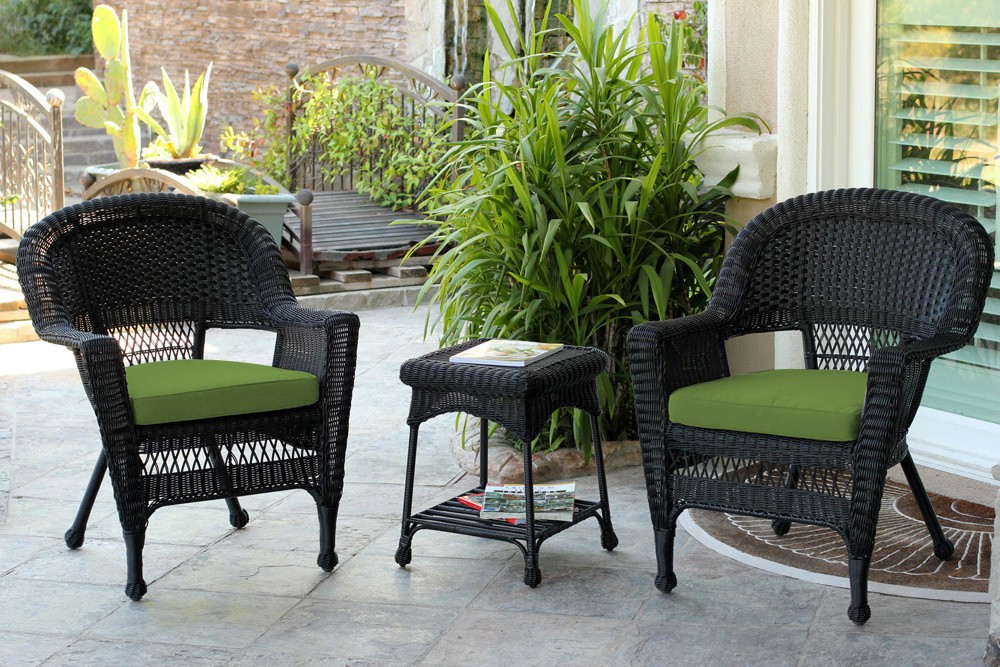Black Wicker Chair And End Table Set With Hunter Green Cushion