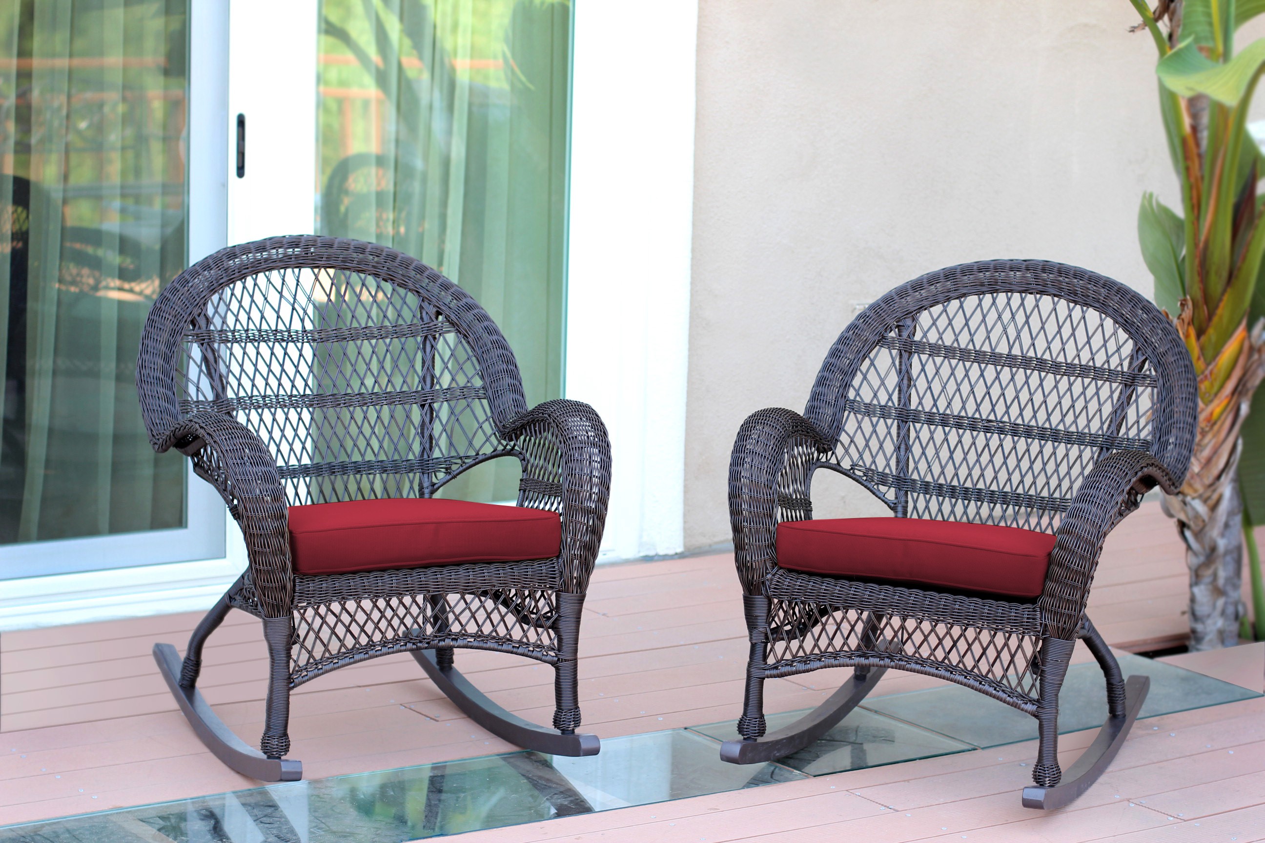 Santa Maria Espresso Wicker Rocker Chair with Red Cushion - Set of 2
