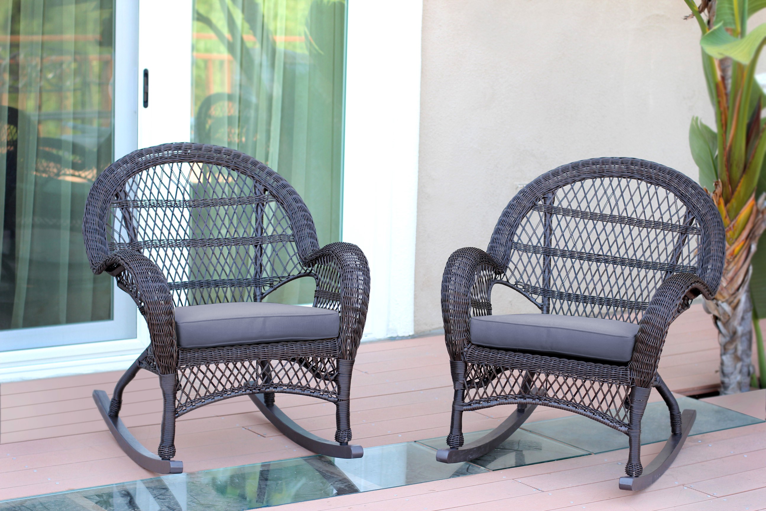 Santa Maria Espresso Wicker Rocker Chair with Steel Blue Cushion - Set of 2