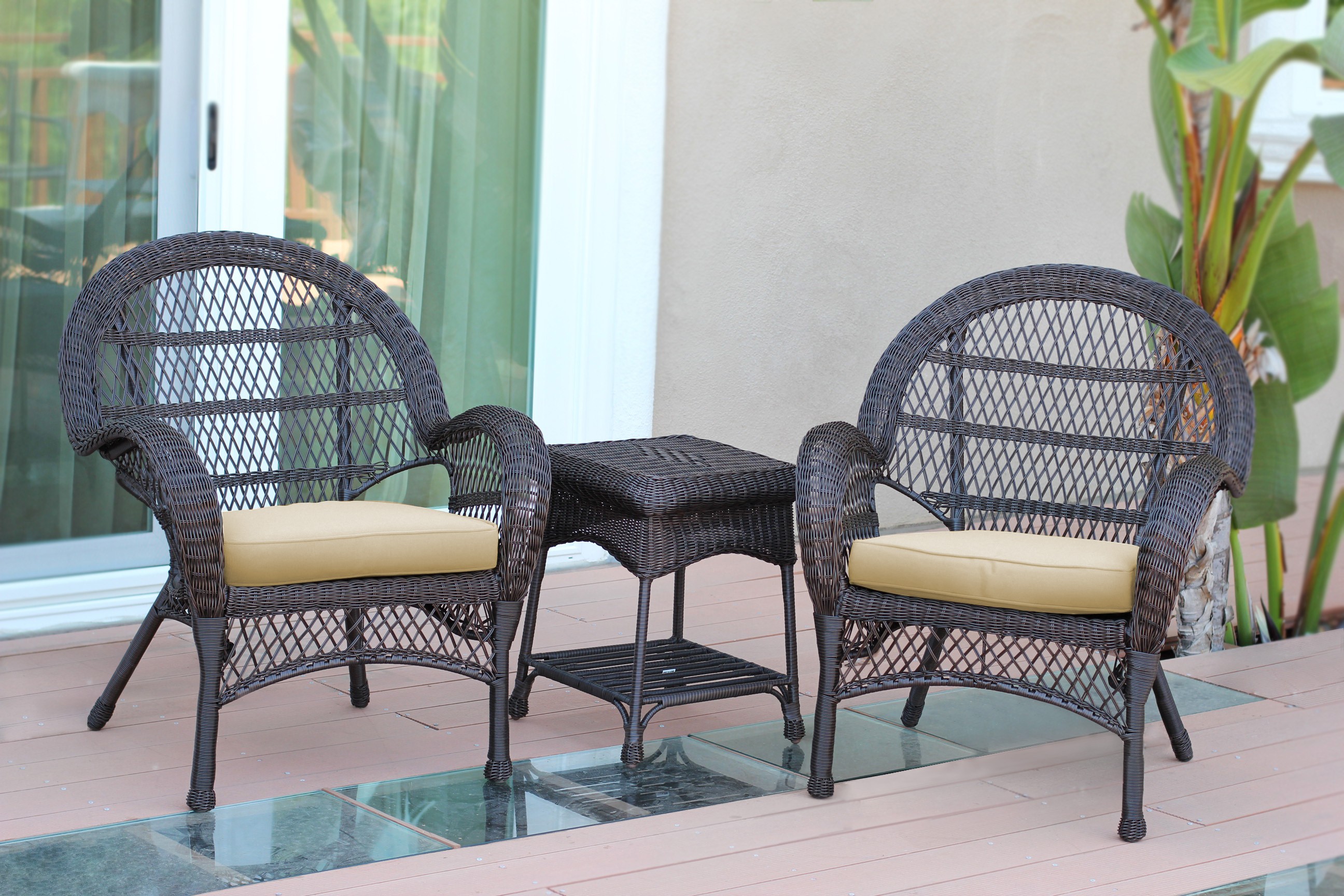 3pc Santa Maria Espresso Wicker Chair Set - Ivory Cushions