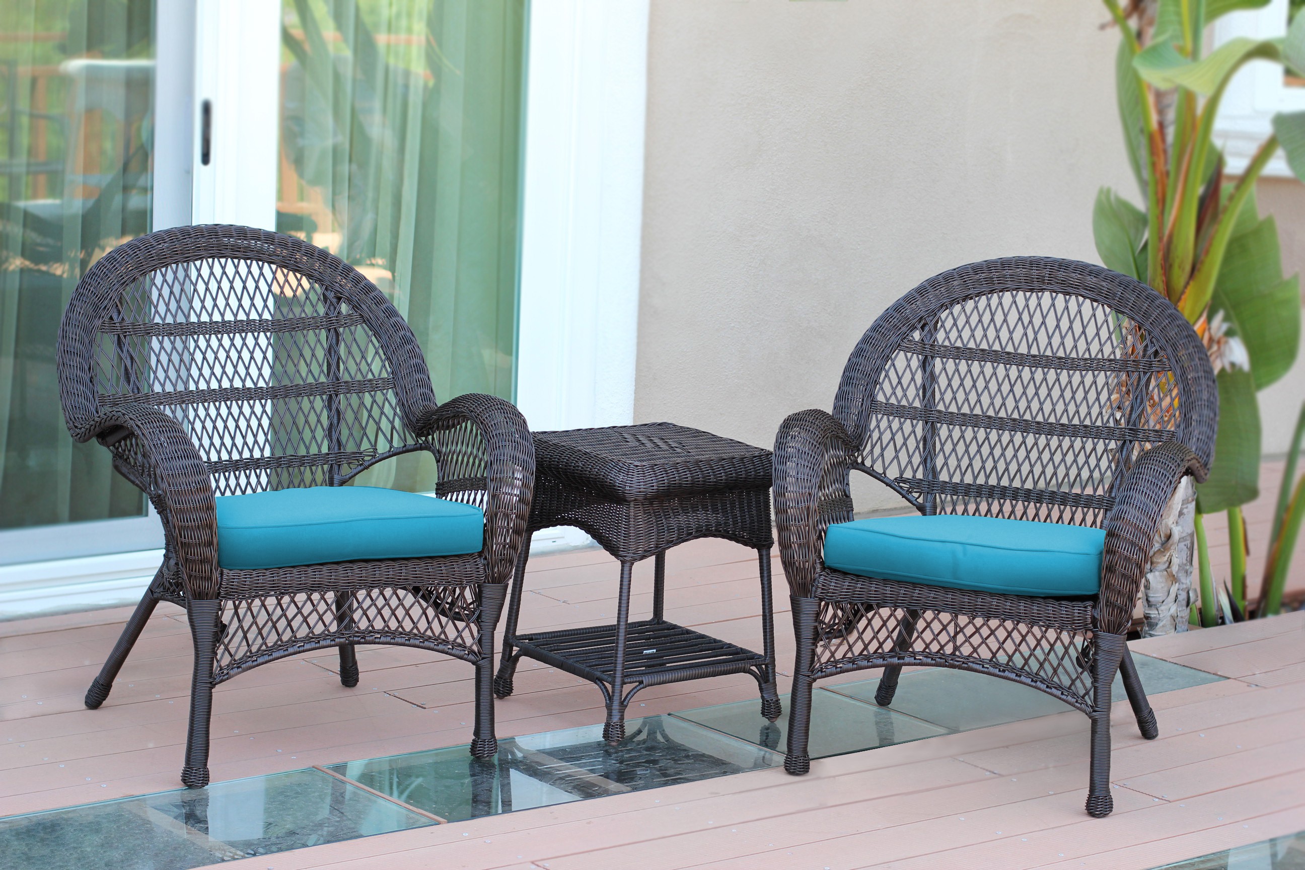 3pc Santa Maria Espresso Wicker Chair Set - Sky Blue Cushions