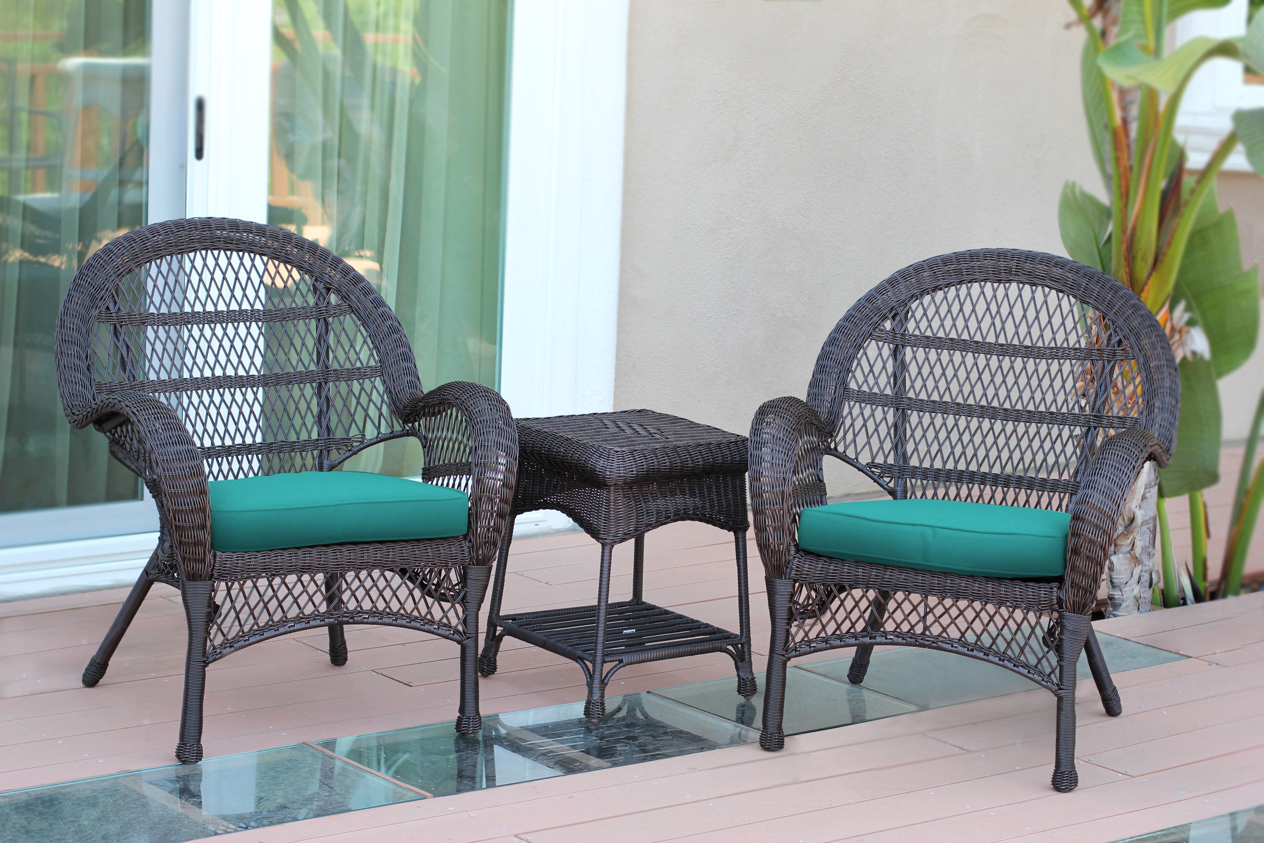 3pc Santa Maria Espresso Wicker Chair Set - Turquoise Cushions