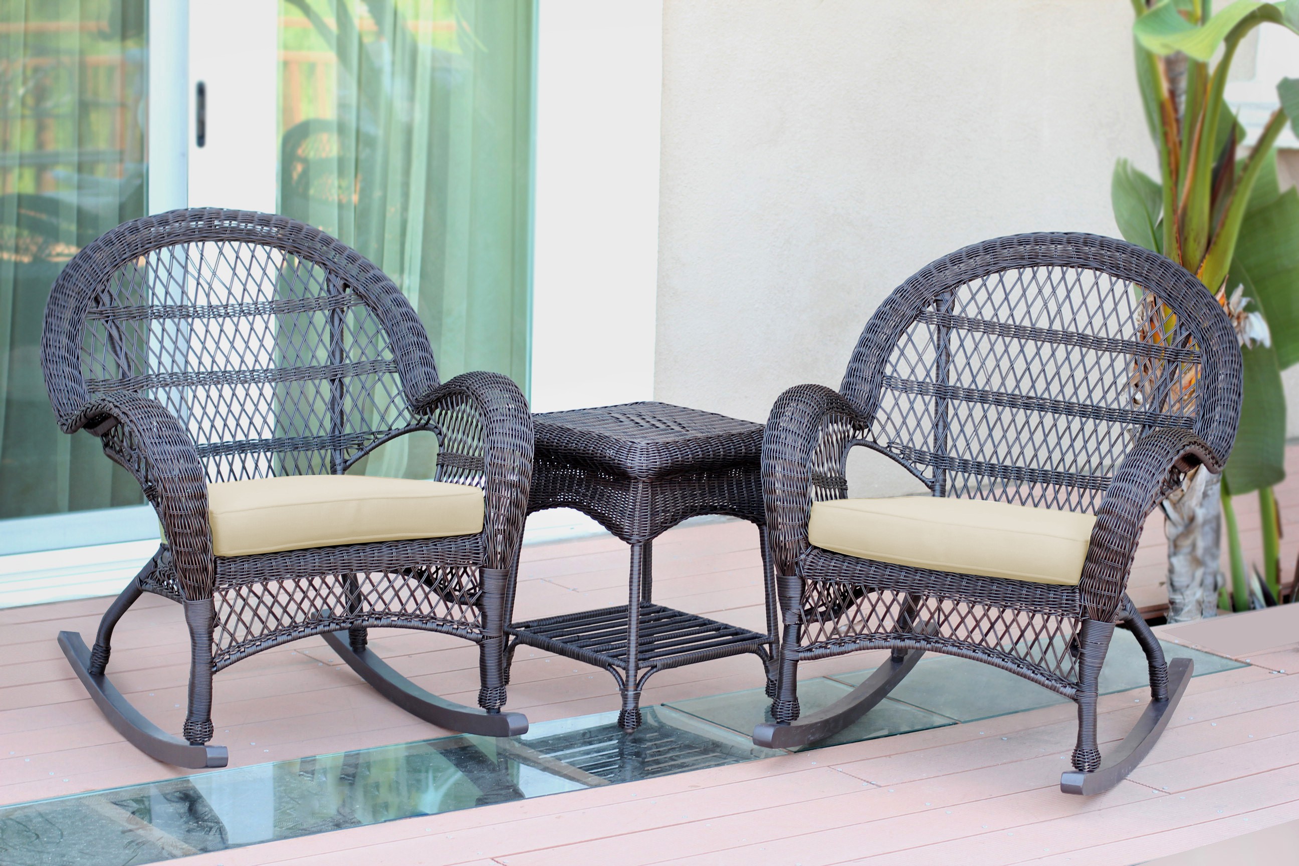 3pc Santa Maria Espresso Rocker Wicker Chair Set - Ivory Cushions