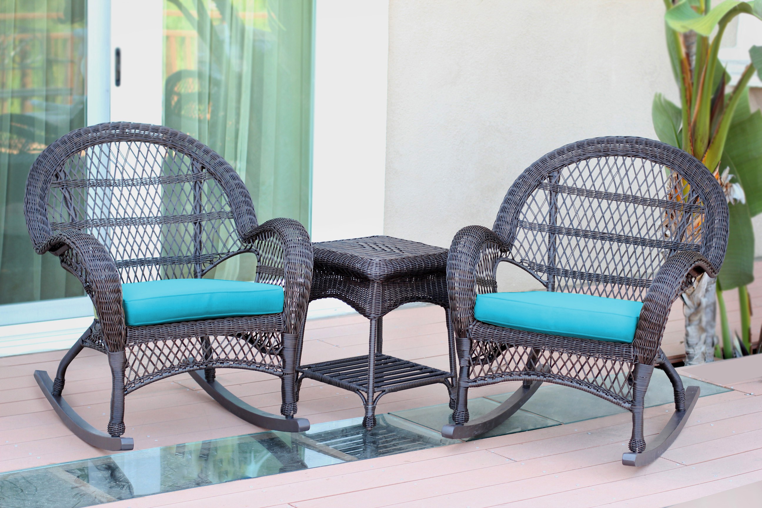 3pc Santa Maria Espresso Rocker Wicker Chair Set - Sky Blue Cushions