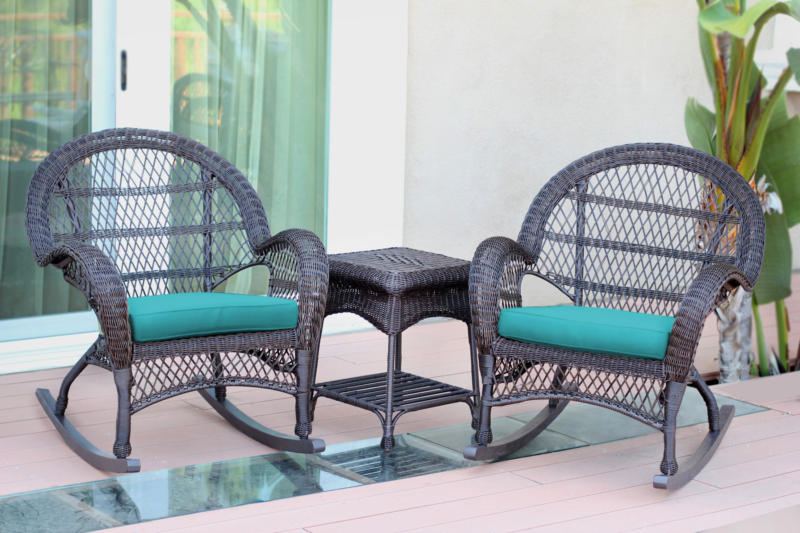 3pc Santa Maria Espresso Rocker Wicker Chair Set - Turquoise Cushions