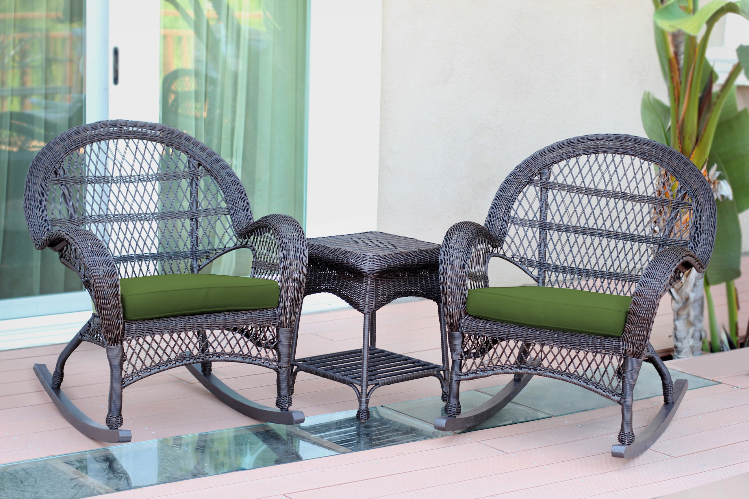 3pc Santa Maria Espresso Rocker Wicker Chair Set - Hunter Green Cushions