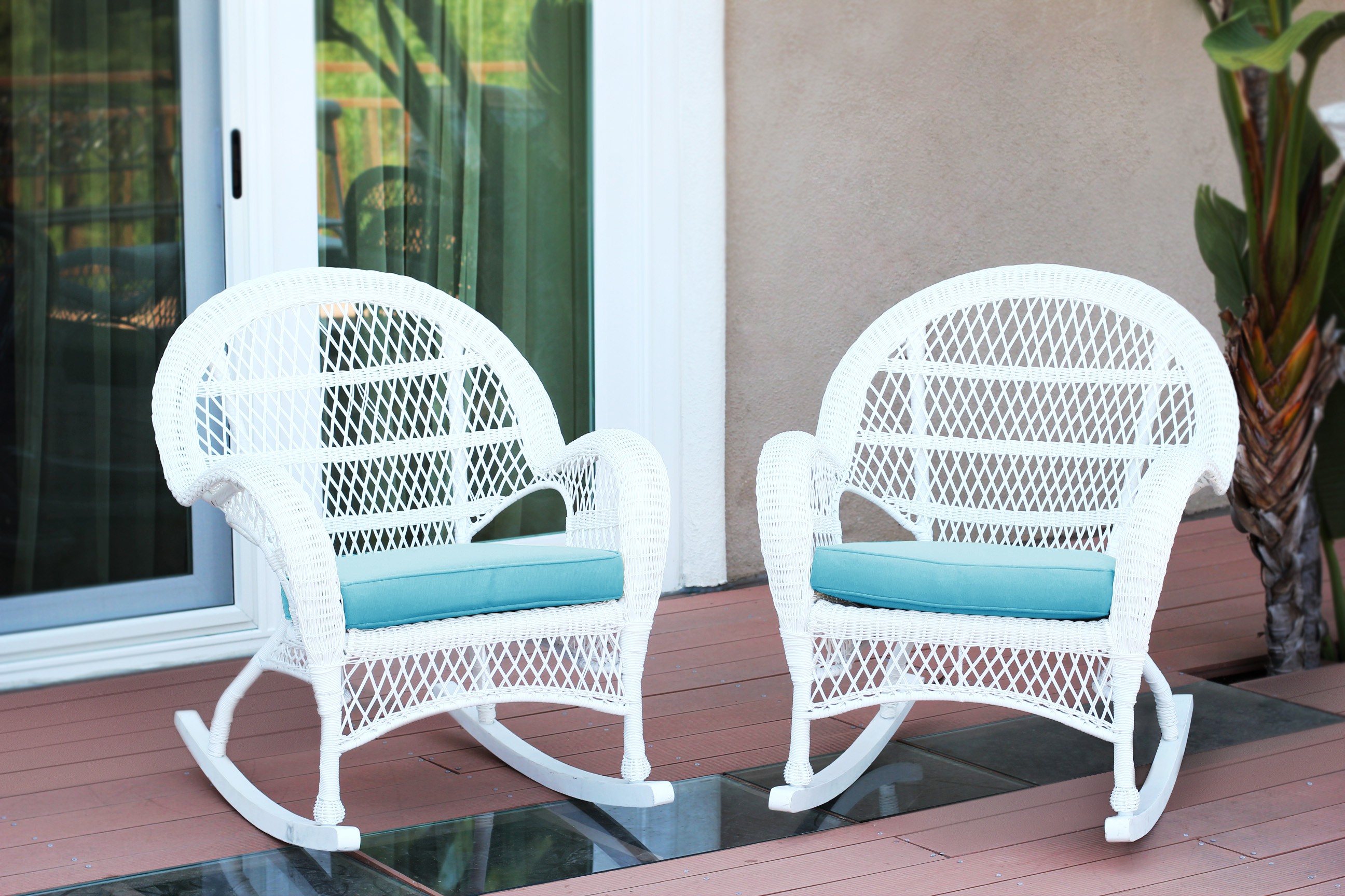 Santa Maria White Wicker Rocker Chair with Sky Blue Cushion - Set of 2
