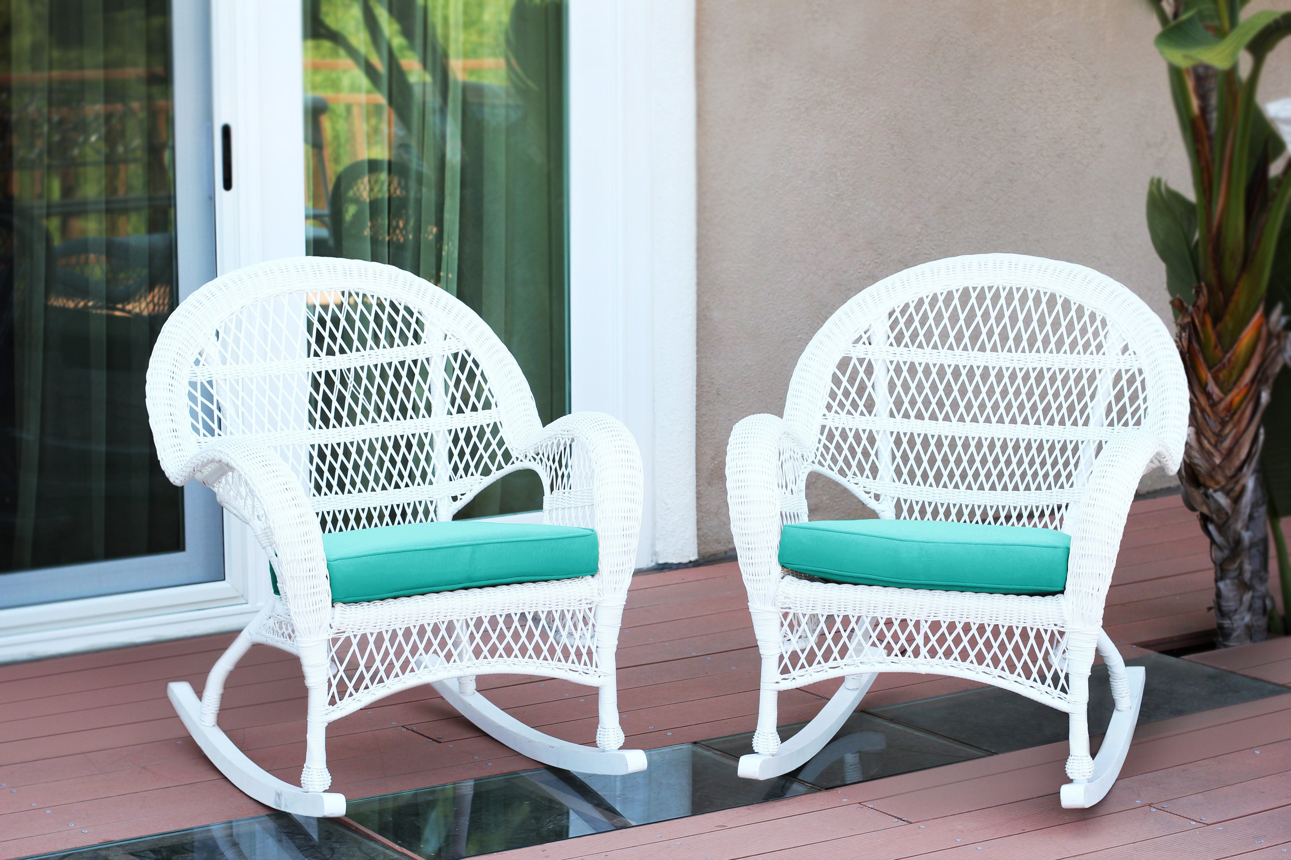 Santa Maria White Wicker Rocker Chair with Turquoise Cushion - Set of 2