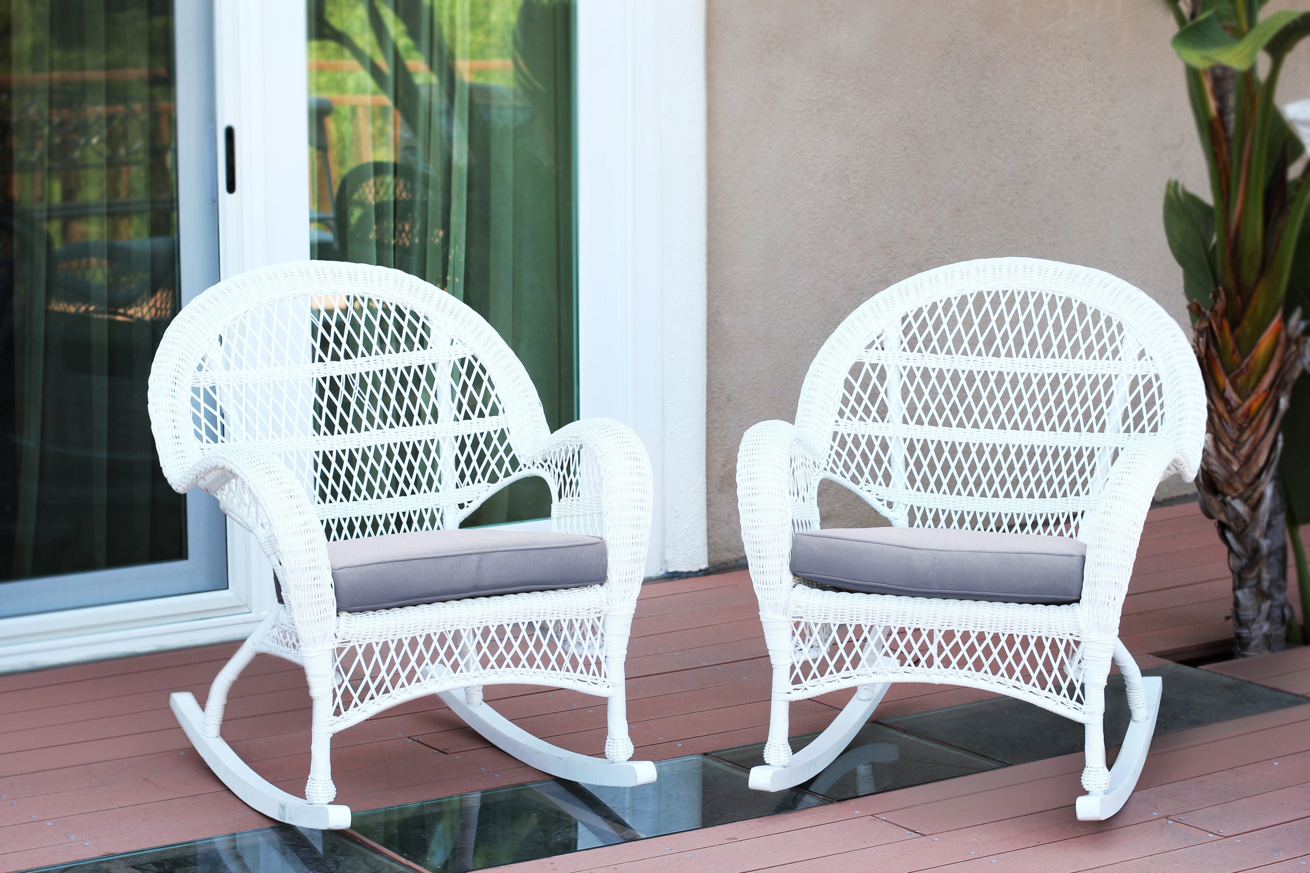 Santa Maria White Wicker Rocker Chair with Steel Blue Cushion - Set of 2